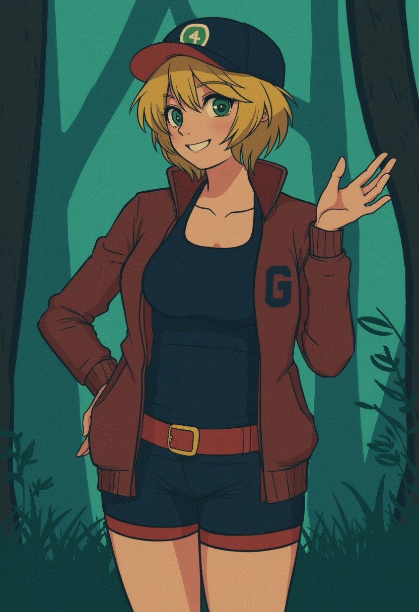 msdh, frosted animation, An adult woman standing in the forest. She's wearing a sports jacket over a tanktop, as well as racing shorts and a black cap. She has short blonde hair and green eyes. She's grinning. She is waving with one hand and has her other hand on her hip