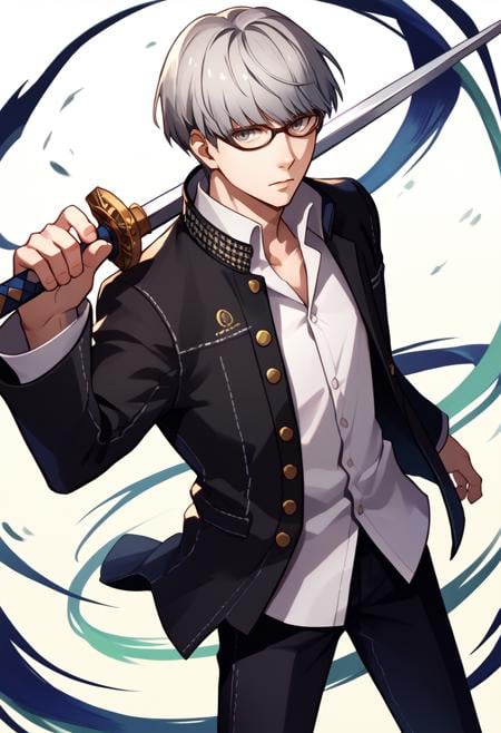 score_9, score_8_up, score_7_up, source_anime, solo, male focus, 1boy, narukami yu, expressionless, looking at viewer, weapon over shoulder, holding weapon, holding sword, grey hair, grey eyes, glasses, school uniform, black jacket, open jacket, long sleeves, white shirt, collared shirt, black pants <lora:persona4_yunarukami_ponyXL:1> <lora:concept_overshoulder_ponyXL:1>