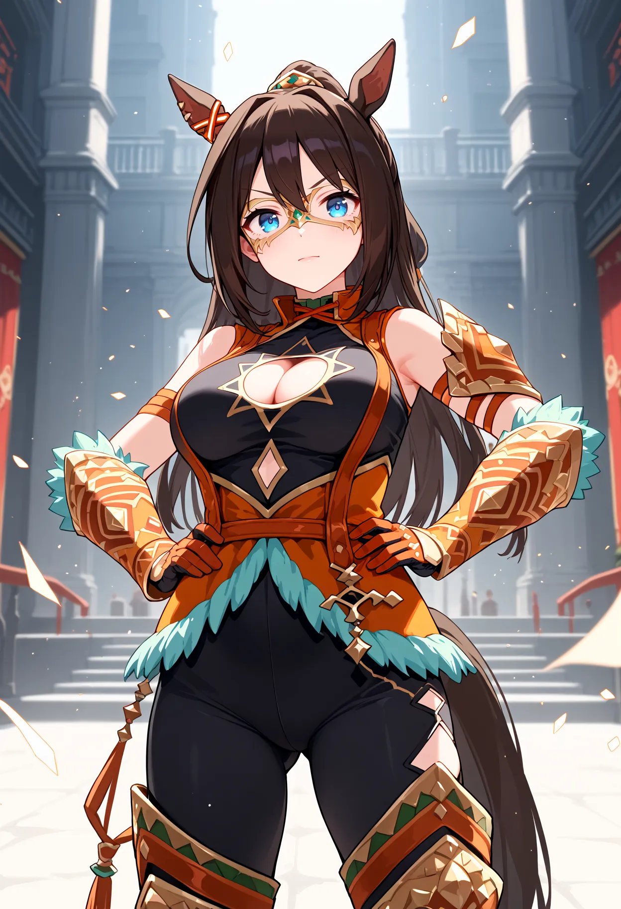 score_9, score_8_up, score_7_up, BREAK, best quality, masterpiece, very aesthetic, ultra detailed,very detailed background,BREAK,,zPDXL3,ECP, ECP_Monk, 1girl, solo, long hair, bangs, blue eyes,brown hair, gloves, cleavage, ponytail, boots, sleeveless, armor, official alternate costume, clothing cutout, yellow mask,cleavage cutout, horse ears,  horse tail, hands on hips, yellow domino mask<lyco:ElCondorPasa-ponyXL:1>,fantasy