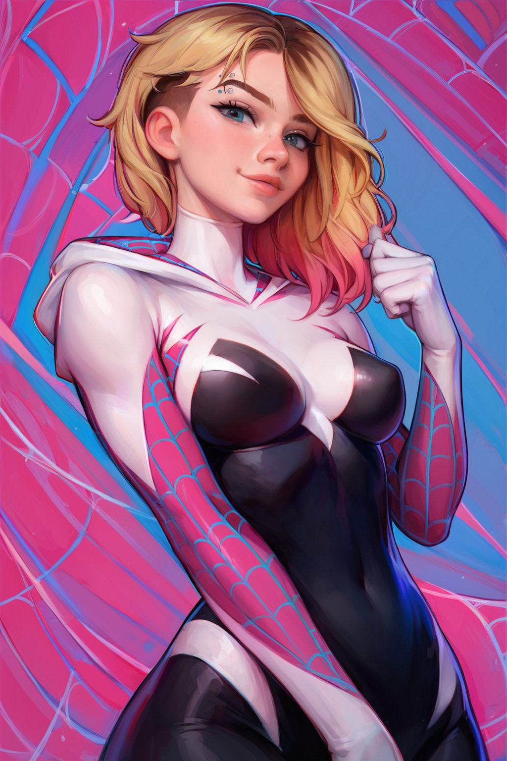 score_9, score_8_up, score_7_up, 1girl, Expressiveh, 4RCH0N, dark abstract background, contrast, colorful, portrait, Spider-Gwen, view_from_below, fit, soft smile, looking_at_viewer, angle view, puffy lips<lora:EMS-382748-EMS:0.800000>