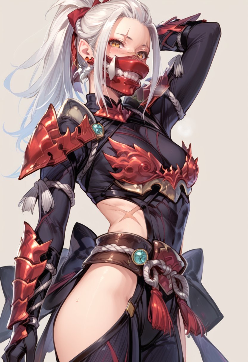 (score_9:0.9),score_8_up,score_7_up,anime style,rating_safe,(zPDXL),<lora:Odogaron Armor Alpha ponyXL v1.5:0.8>,odogaron alpha armor,red mouth mask,red gauntlets,1girl,pointy ears,white hair,solo focus,yellow eyes,blush,scar,sweat,