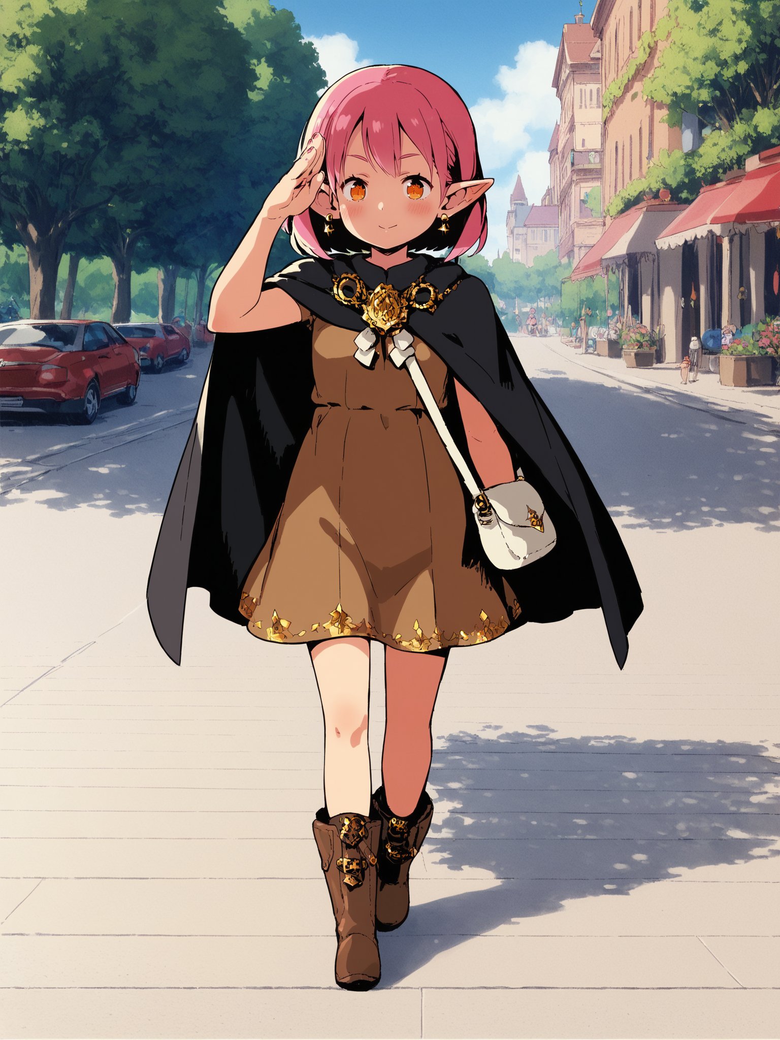 score_9,source_anime,1girl,solo,blush,pink hair,earrings,pointy ears,black cape,orange eyes,brown dress,pink nails,brown boots,handbag,salute,walking,bar,<lora:Etrian_Odyssey_XL:0.8>,