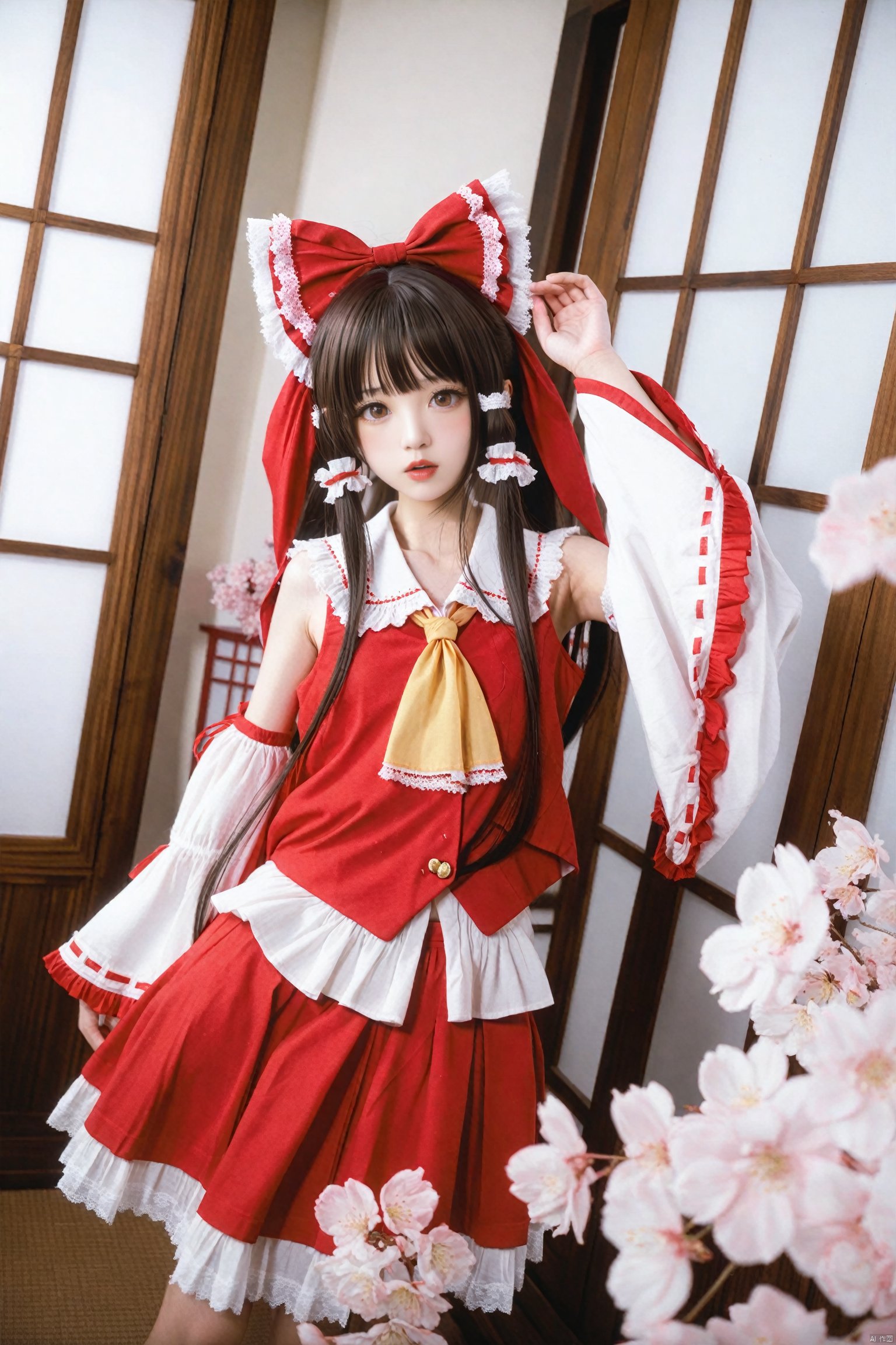 masterpiece,Realism,best quality,loli,1girl,hakurei reimu,bow,solo,hair bow,hair tubes,red bow,ascot,red skirt,detached sleeves,frills,hand on own hip,skirt,long hair,realistic,wide sleeves,brown hair,yellow ascot,blurry,frilled bow,frilled shirt collar,ribbon-trimmed sleeves,red lips,cherry blossoms,ribbon trim,shirt,lips,sidelocks,skirt set,parted lips,looking at viewer,makeup,sliding doors,red shirt,depth of field,hand up,indoors,red vest,brown eyes,sleeveless shirt,lipstick,blurry foreground,arm up,ponytail,flower,black hair,sleeveless,black eyes,dutch angle,long sleeves,ribbon,parody,cowboy shot,vest<lora:EMS-339656-EMS:0.000000>, <lora:EMS-324355-EMS:0.000000>, <lora:EMS-344883-EMS:0.400000>, <lora:EMS-288516-EMS:0.000000>, <lora:EMS-300688-EMS:0.000000>, <lora:EMS-301024-EMS:0.300000>