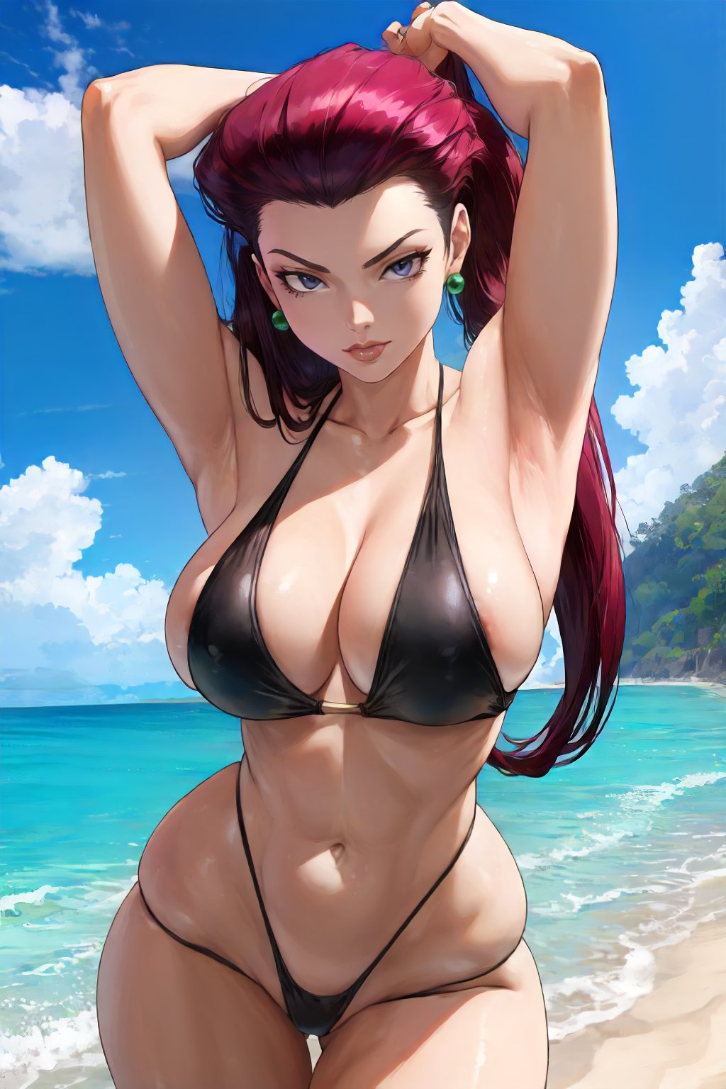 jessie, beach, black swimsuit, curvy, long hair, hair slicked back, jewelry, arms up, posing  <lora:TR_Jessie-DEF:0.7>, perfect, sharp, masterpiece, detailed, high resolution, best quality,