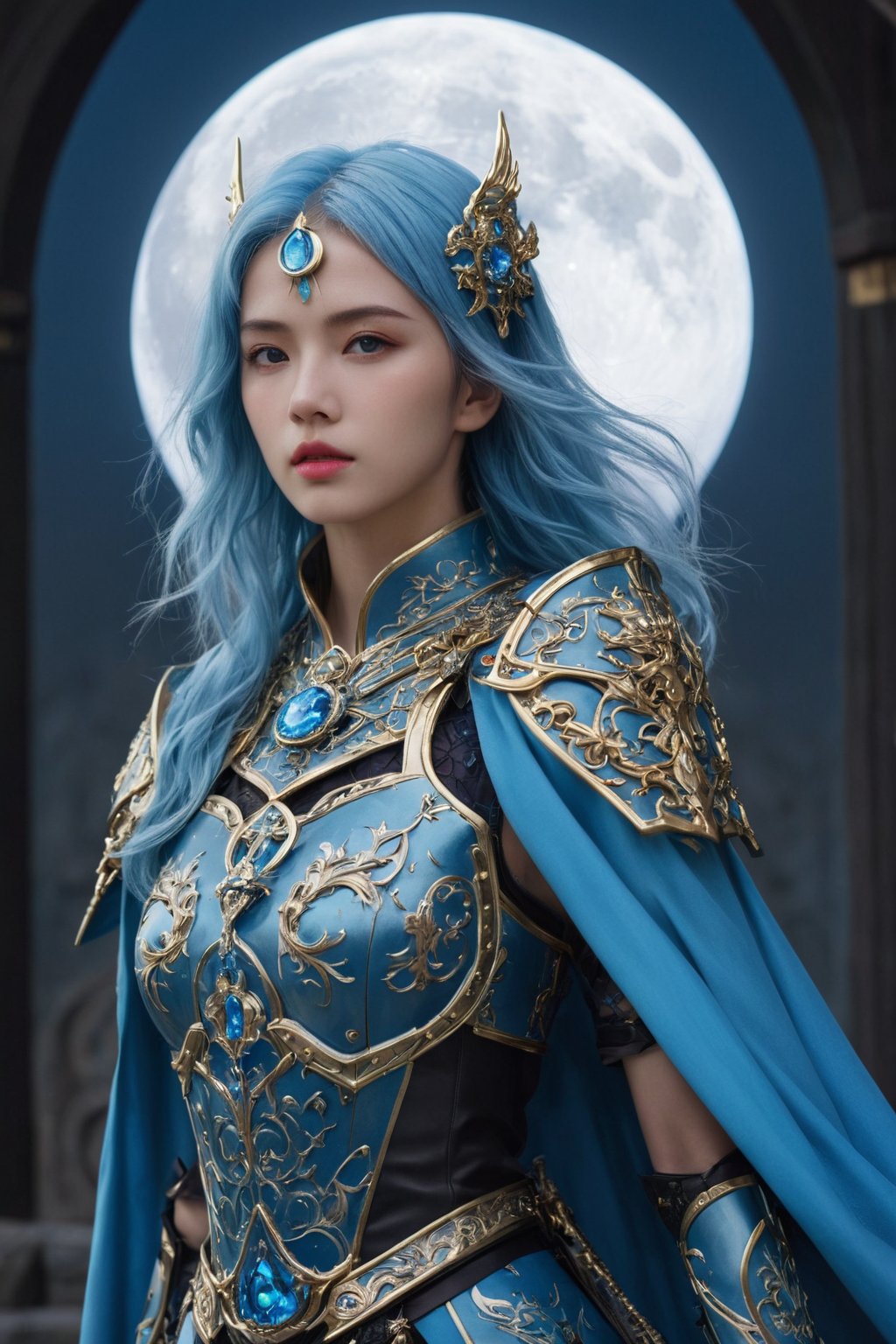 (ultra realistic,best quality),photorealistic,Extremely Realistic, in depth, cinematic light,hubggirl,full body shot:1.35,hubg\(mecha_girl)\, from below,sky blue hair, sky blue eye, hair ornament, cute, dark king, sky blue cape, The armor was inlaid with gold filigree and onyx, and ice-carved with glowing blue runes,fantasy art, blue flame, full moon, samurai sword,ultra-realistic detail, Ultra detailed, The composition imitates a cinematic movie, The intricate details, sharp focus,