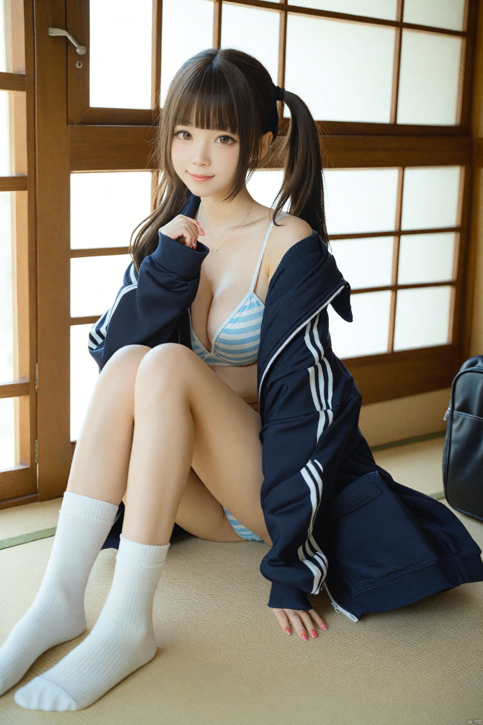 masterpiece,Realism,best quality,loli,1girl,solo,striped clothes,breasts,bikini,swimsuit,striped bikini,jacket,looking at viewer,socks,brown hair,long hair,indoors,medium breasts,sitting,brown eyes,twintails,white socks,smile,blunt bangs,cleavage,realistic,open clothes,blurry,off shoulder,lips,underwear,track jacket,no shoes,sleeves past wrists,striped bra,collarbone,bra,ponytail,nail polish,blue jacket,bikini under clothes,striped panties,open jacket,closed mouth,tatami,panties,black jacket<lora:EMS-339656-EMS:0.000000>, <lora:EMS-324355-EMS:0.000000>, <lora:EMS-344883-EMS:0.400000>, <lora:EMS-288516-EMS:0.000000>, <lora:EMS-300688-EMS:0.000000>, <lora:EMS-301024-EMS:0.000000>