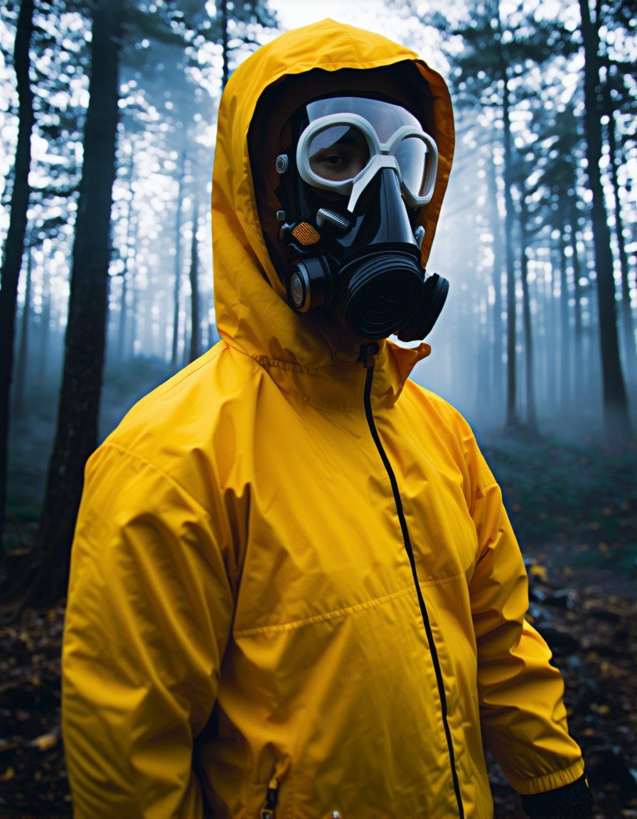 best quality, 4K, 8K, high-resolution, masterpiece, ultra-detailed, photorealistic,  a man in a gas mask and yellow jacket standing in front of a forest with smoke in the background, looking at viewer, man, upper body, male focus, hood, mask, helmet, black background, realistic, yellow jacket, gas mask,