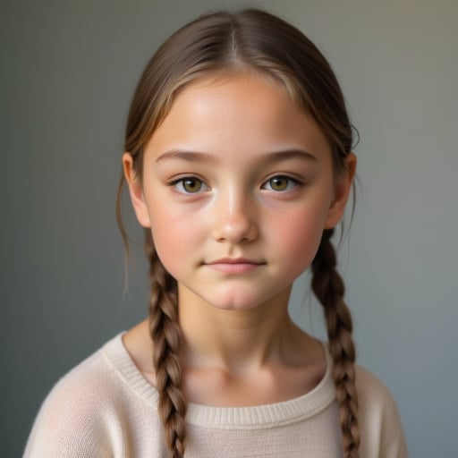 Full-body-length painting of a Young Girl: A slender, 18-year-old girl with hair tied in double plaits and light brown eyes gazes directly at the camera, exuding confidence.