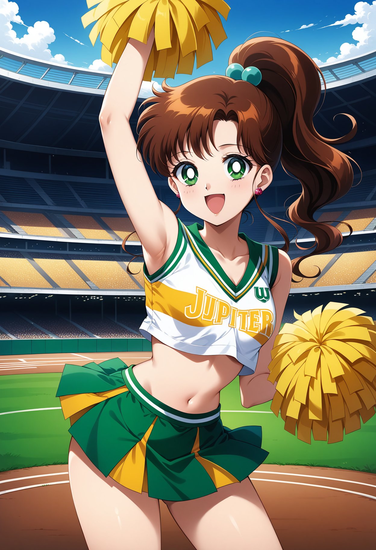 (masterpiece, best quality, very aesthetic, ultra detailed), intricate details, 4k, aajupiter, long hair, brown hair, ponytail, hair bobbles, earrings, green eyes, <lora:sailor_jupiter_animaginexl_v2:0.9>, stadium, cheerleader, pom pom \(cheerleading\), midriff, standing, cowboy shot, smile, open mouth, arm up, jupiter