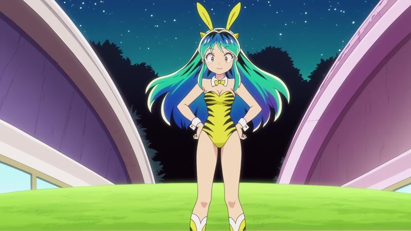 anime screencap,  Celestial realm with floating islands and a starry sky, BREAK anime screencap,  Bunny Girl Costume, Lum, light smile, oni horns, Standing with hands on hips,  <lora:Private_Urusei_Yatsura_2022_-Lum-_PDXL_v2:0.8>