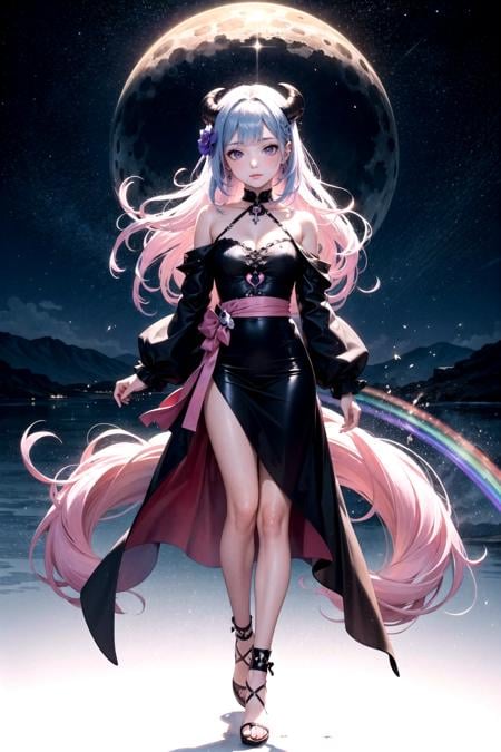 (masterpiece, top quality, best quality,watercolor (medium),official art, beautiful and aesthetic:1.2),(1girl:1.3), (fractal art:1.3),full body, looking at viewer,patterns,(rainbow color Hair,colorful hair,half blue and half pink hair:1.2), Movie Light, (Hell Building), Death Light, (Purple Particle), Demon, Moon, Bright Moonlight Skull, Very long hair, clothes with ridiculous Details, Whirlwinds,