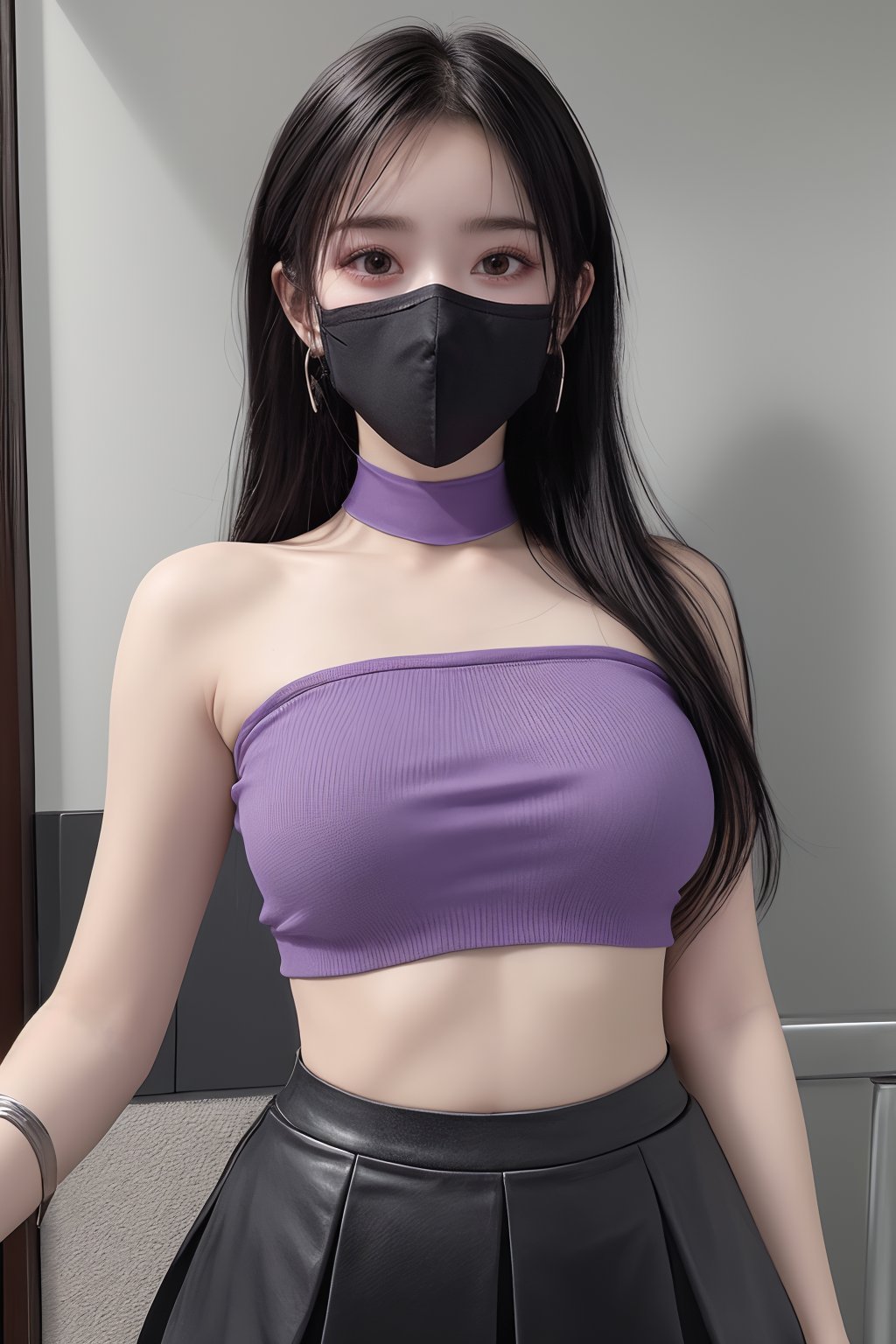 1girl, bangs, bare shoulders, black hair, black skirt, covered mouth, gas mask, long hair, mask, midriff, mouth mask, nail polish, pencil skirt, purple nails, purple skirt, skirt, solo, surgical mask, tape gag  <lora:口罩:0.8>