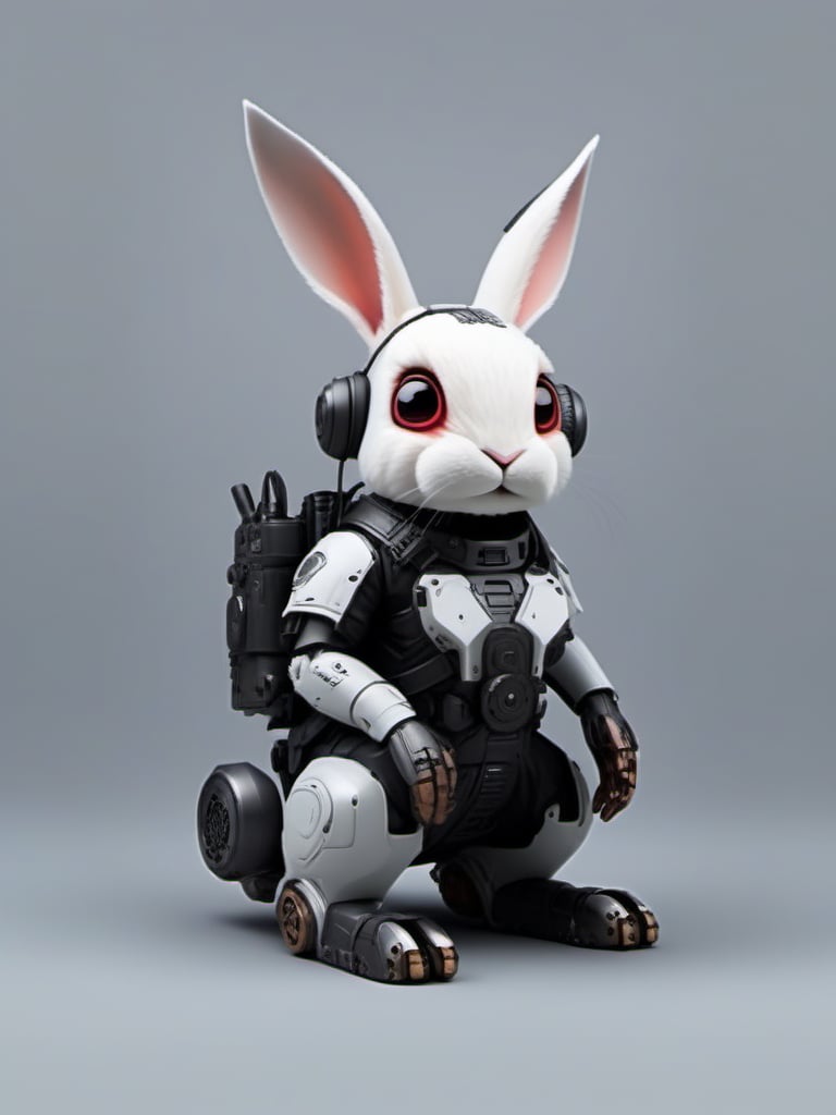 jixie,This is a mechanized rabbit with a cyberpunk style. The rabbit is in a sitting position,<lora:仿生机械V1:0.7>,