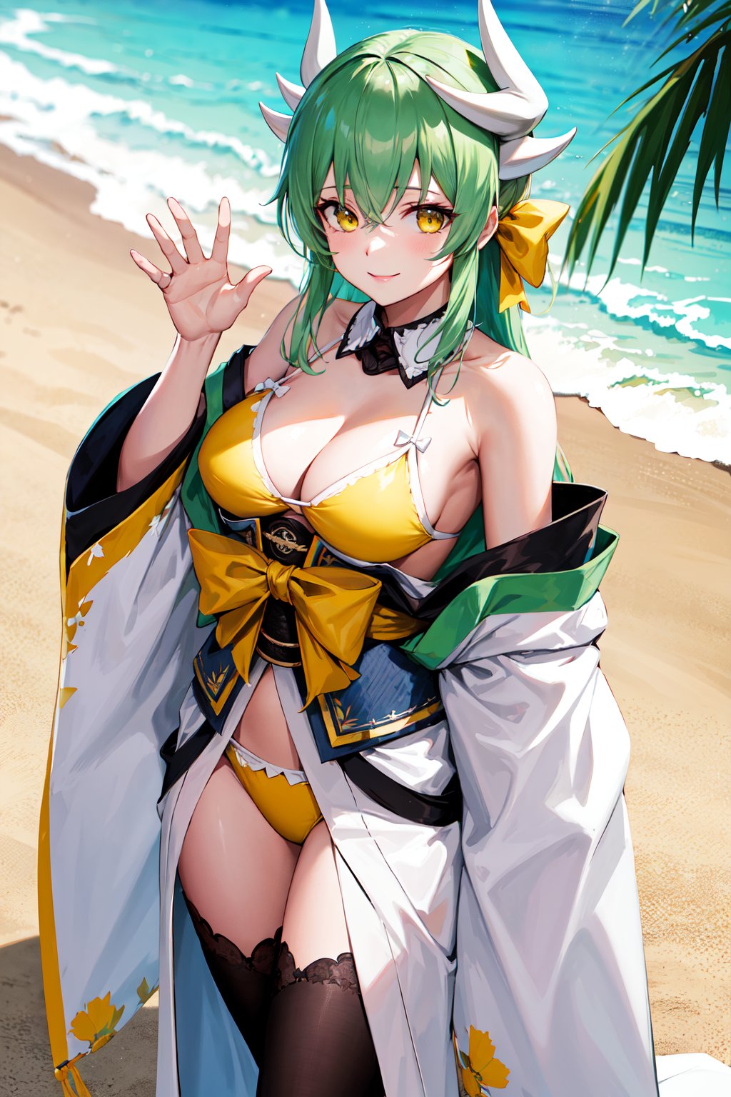 masterpiece, best quality, highres, aakiyo, long hair, green hair, white horns, hair bow, yellow bow, yellow eyes, detached collar, bare shoulders, off shoulder, yellow bikini, japanese clothes, kimono, sash, obi, white thighhighs, <lora:kiyohime_(lancer)_v1:0.7>, waving, beach, smile, standing