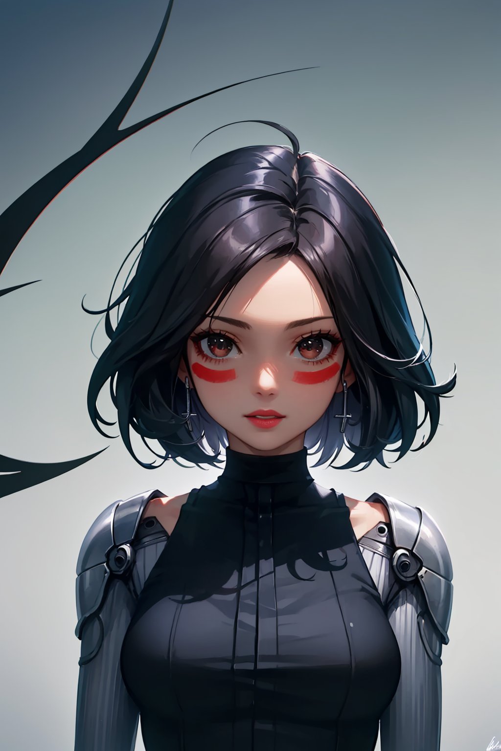 masterpiece,best quality, highly detailed, alita,1girl, solo, cyborg, upper body, signature, facepaint, lips, blue shirt, looking at viewer, single mechanical arm,<lora:alita:1>