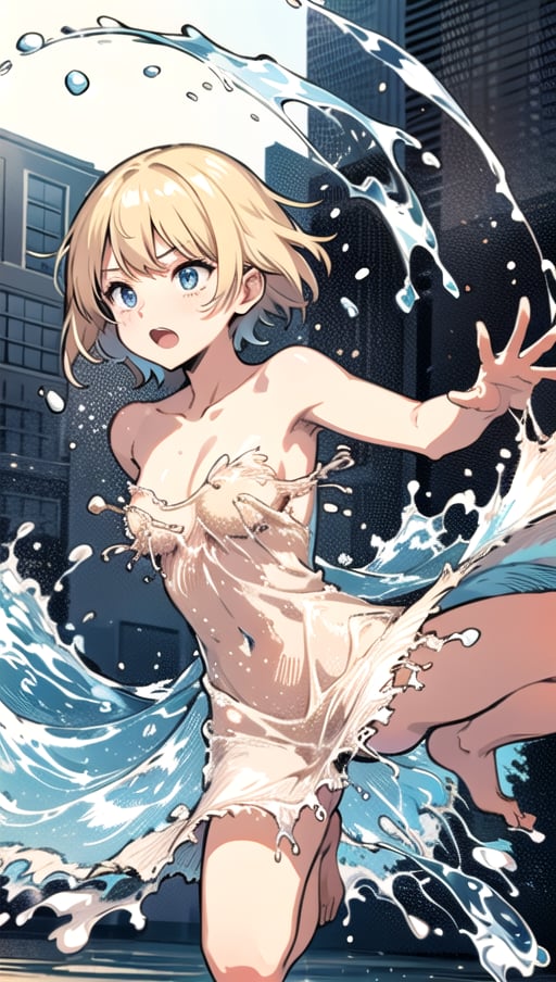 boy, waterdress, nude,  spread dress, spread legs,  standing, splashing, running, street, open palms, detailed face,  masterpiece best quality <lora:waterdress_real_v1:1>