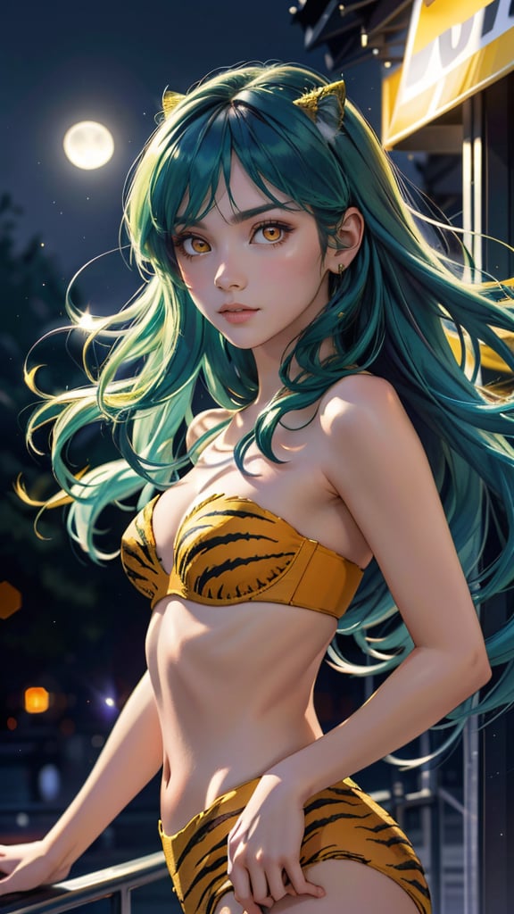 (best quality, masterpiece, colorful, dynamic angle, realistic)\Lum\, upper body photo, fashion photography of cute, intense long green hair, orange eyes, tiger print, strapless bikini, yellow boots, yellow little horns, small horns, \Lum\, <lora:lum4:0.6>  (ultrahigh resolution textures), in dynamic pose, bokeh, (intricate details, hyperdetailed:1.15), moonlight passing through hair, perfect night, (fantasy background), (official art, extreme detailed, highest detailed), HDR+