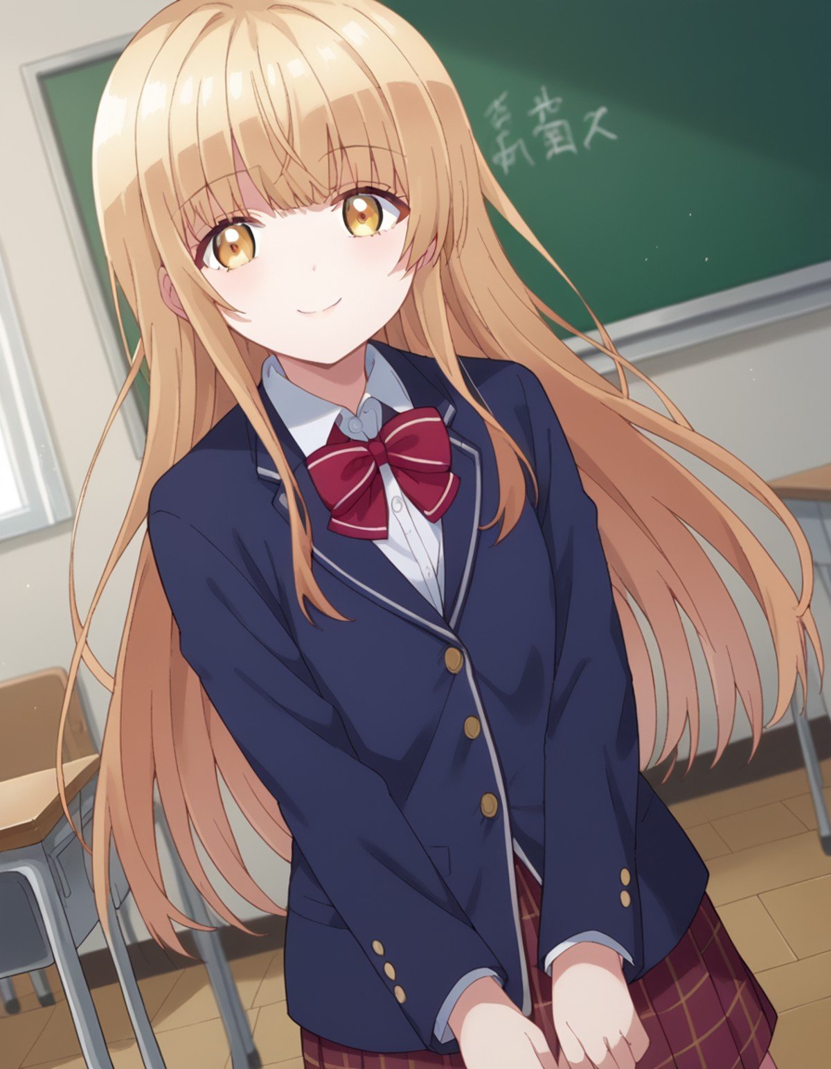 score_9, score_8_up, score_7_up, source_anime,mahirushiina, <lora:mahiru-shiina-s1-ponyxl-lora-nochekaiser:1>mahiru shiina, bangs, blonde hair, brown hair, yellow eyes,long hair, skirt, bow, school uniform, jacket, pleated skirt, plaid, plaid skirt, blazer, cardigan, blue blazer, red bowtie,indoors, classroom, smile,looking at viewer, dutch angle, cowboy shot