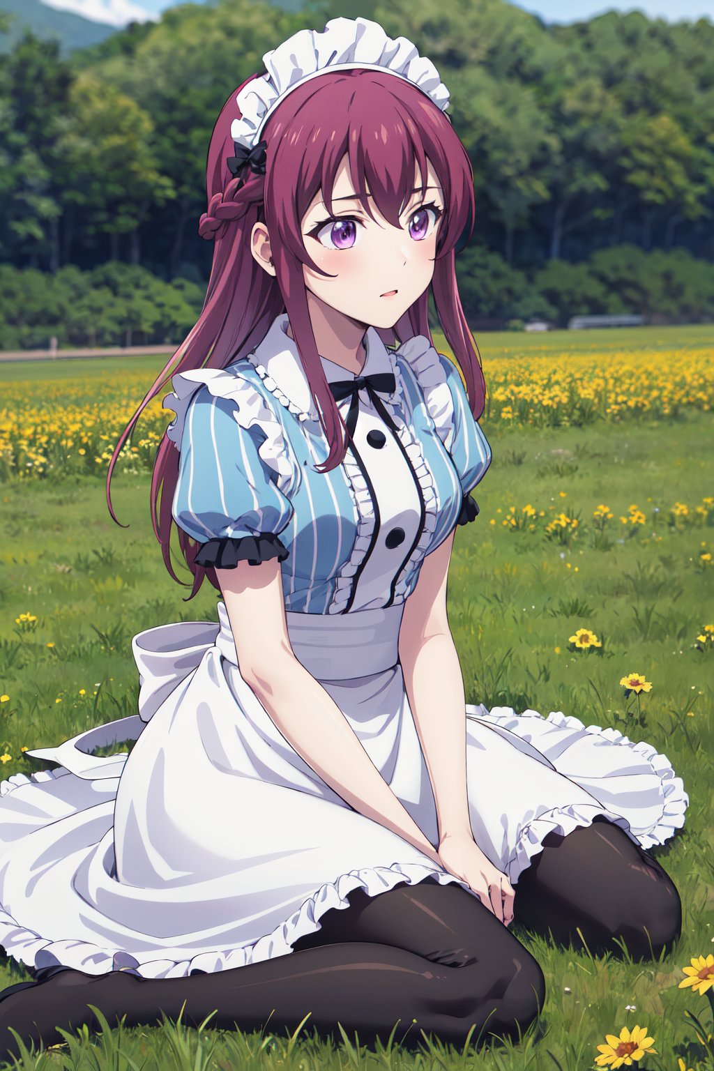 masterpiece, best quality, highres, 1girl, solo, long hair, purple hair, braid, maid headdress, purple eyes, neck ribbon, frills, vertical stripes, blue dress, short sleeves, apron, black pantyhose, <lora:makuzawa_ouka_v1:0.7>, wariza, grass, field