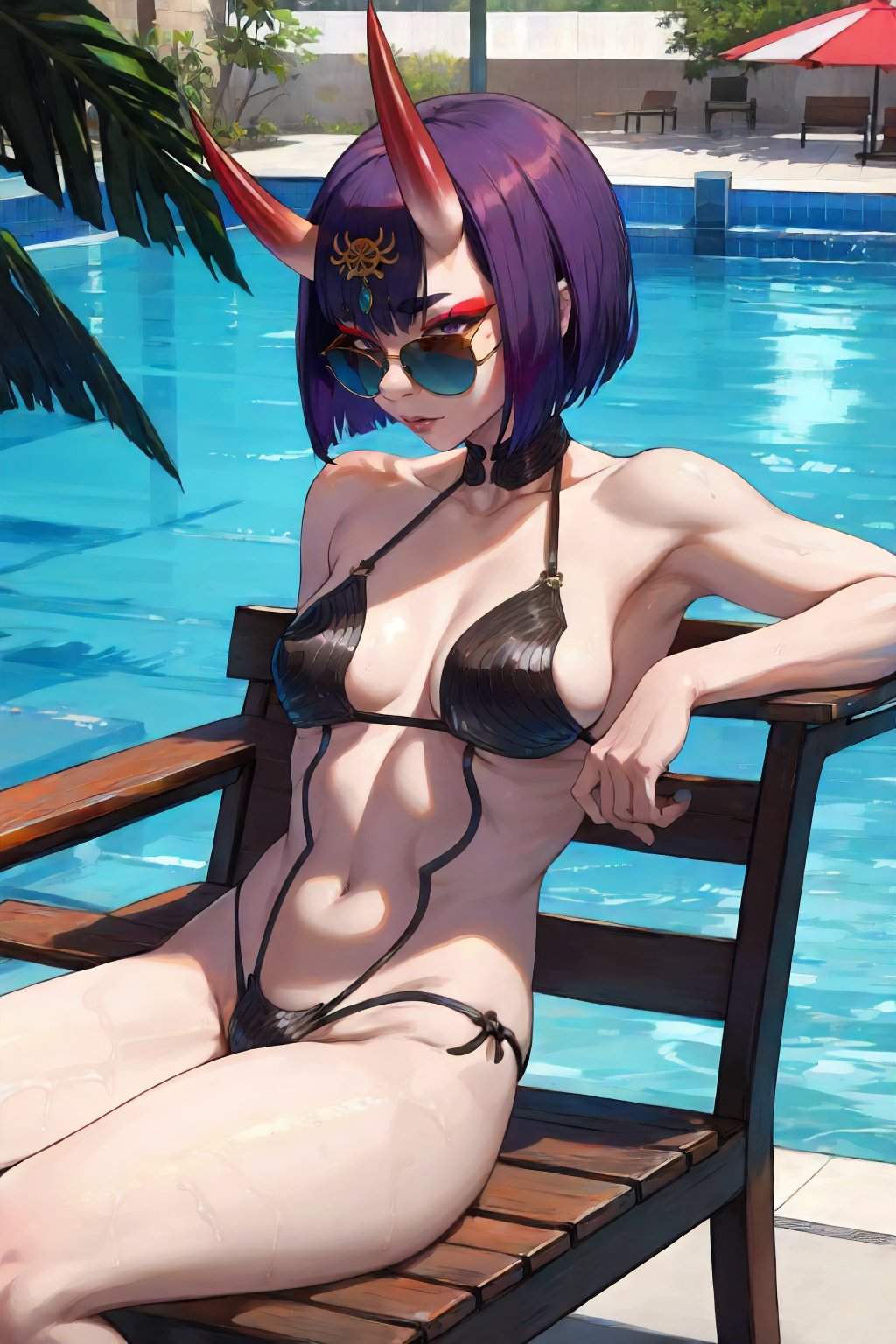 <lora:FGO_ShutenDoji-DEF:0.7> shuten, solo, oni horns, colored skin, makeup, swimsuit, poolsite, side view, sitting on chair, sunglasses, perfect, sharp, masterpiece, detailed, high resolution, best quality,