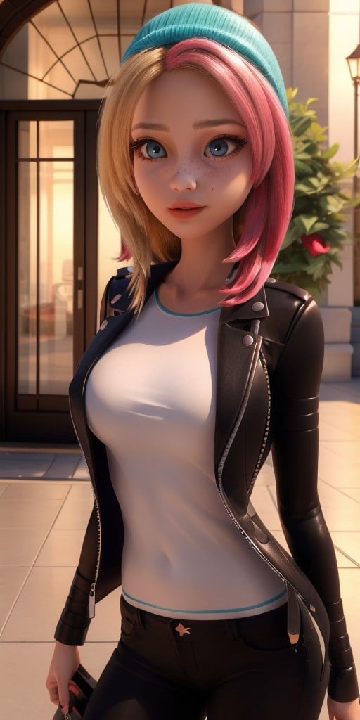 Hyperrealistic, photorealistic, super detailed, black unbuttoned jacket, white T-shirt, bright yellow jeans, vivid shade of azure eyes, shoulder length sandy blonde hair that has significantly shorter bangs with the ends reaching her shoulders, (hot pink dyed strands on the left side), light freckles, coral lips, body like in real life, large pores, peach skin tone, slender, beautiful arms, very little very flat breasts, unreal engine, octane render, droped shadow, bokeh, cinematic lighting, <lora:add_detail:0.5>, <lora:Volumetric_lighting:0.6>, Zoe Lee, , <lora:9c5d584a-ab50-49af-9d50-d339318f14f4:0.7>