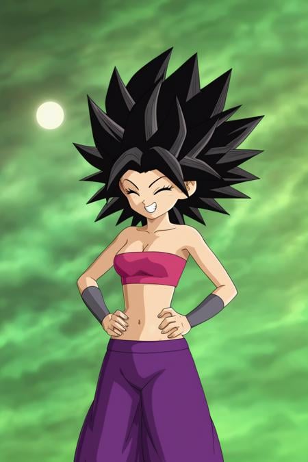 source_anime, score_9, score_8_up, score_7_up, anime screencap, caulifla, 1girl, (closed eyes), solo, breasts, smile, black hair, navel, cleavage, bare shoulders, medium breasts, standing, collarbone, cowboy shot, midriff, stomach, grin, strapless, ^ ^, spiked hair, vambraces, tube top, bracer, big hair, baggy pants, purple pants, black cloud, green sky <lora:caulifla_pony_v1:0.8>