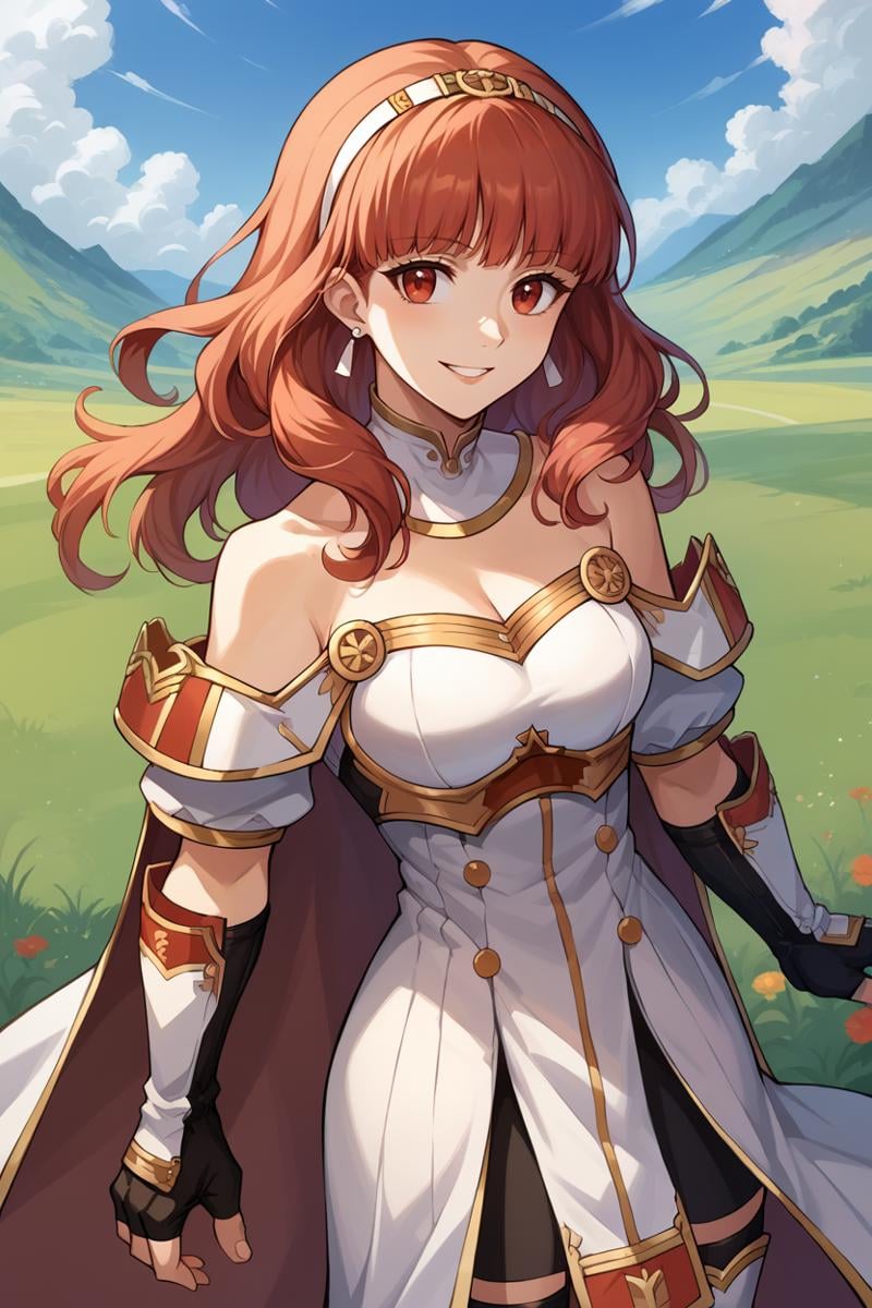 score_9, score_8_up, score_7_up, score_6_up, source_anime, BREAK 1girl, solo, <lora:fecelica-pdxl-nvwls-v1-000005:1> defCeli, red hair, red eyes, hairband, earrings, cape, detached collar, white dress, cleavage, bare shoulders, arm guards, fingerless gloves, black thighhighs, white boots, upper body, smile, blue sky, field, landscape