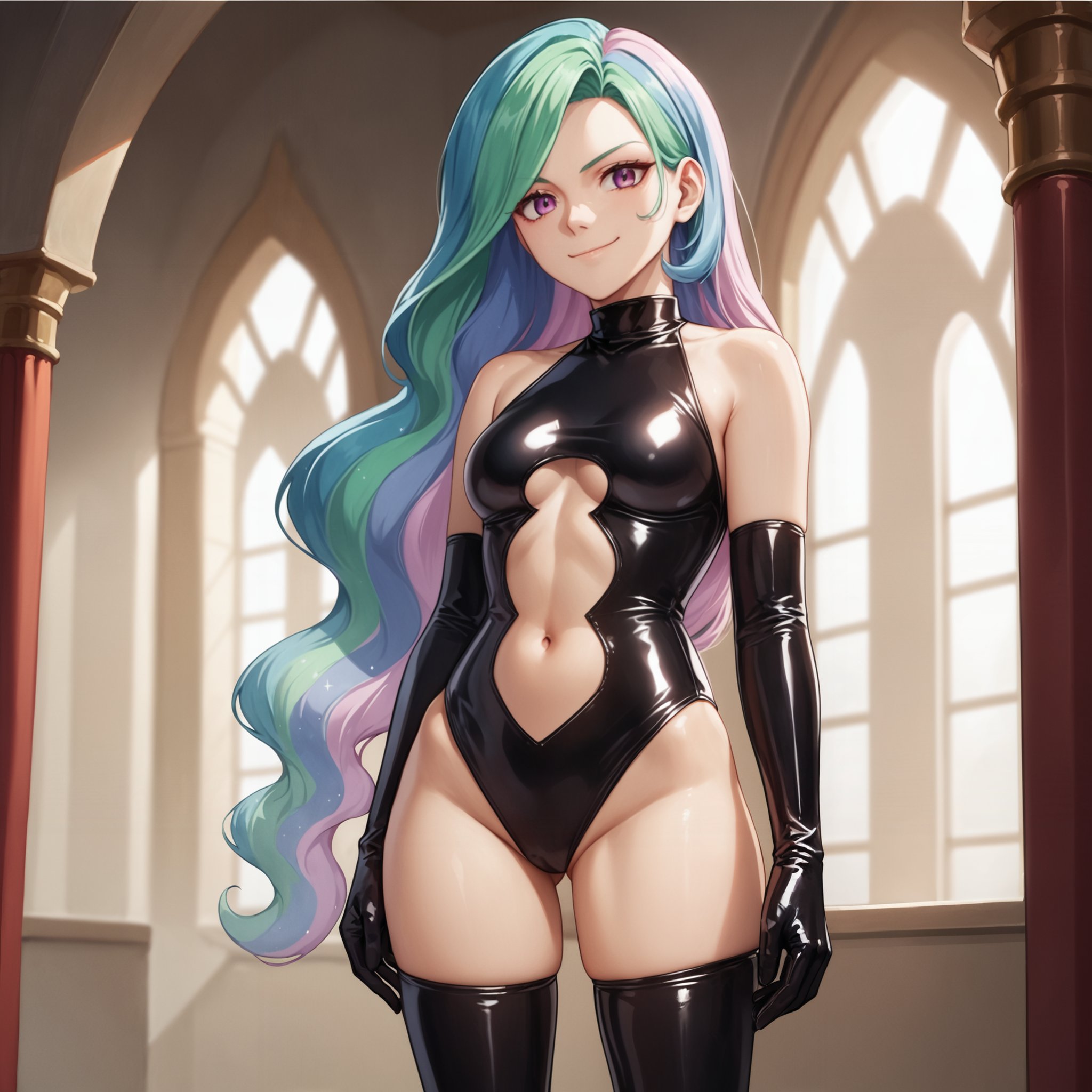 score_9, score_8_up, score_7_up, source_anime,human princess celestia, human princess luna, 2girls, evil smile, closed mouth, medium breasts, latex princess, stomach cutout, bare shoulders, thigh cutout, solo, cowboy shot, standing, indoors,  <lora:latex-princess3-005:0.8> 