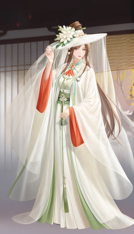 (best quality), ((masterpiece)), (highres), illustration, original, extremely detailed,  <lora:古风·鸢行风上:0.7>yuan, 1girl, solo, white background, green eyes, brown hair, simple background, long hair, flower, hat, wide sleeves, tassel, chinese clothes, standing, dress, hanfu, long sleeves, full body, see-through, jewelry, white flower