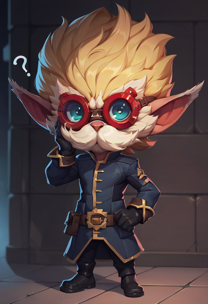 score_9, score_8_up, score_7_up, score_6_up, h3im3rding3r, 1boy, male focus, yordle, blonde hair, pointy ears, mustache, belt, pants, black gloves, gloves, black footwear, <lora:Heimerdinger_Default_v1:0.7>, solo, looking at viewer, goggles, hand on own cheek, confused, ?