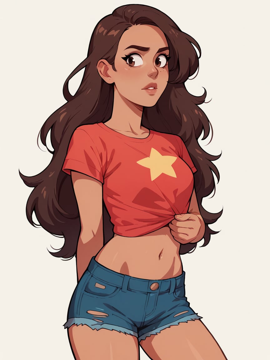 score_9, score_8_up, score_7_up, score_6_up, score_5_up,  <lora:st3v3nXLP:1> st3v3n, 1girl, long hair, brown hair, midriff, denim shorts,  tan skin, red t-shirt, 