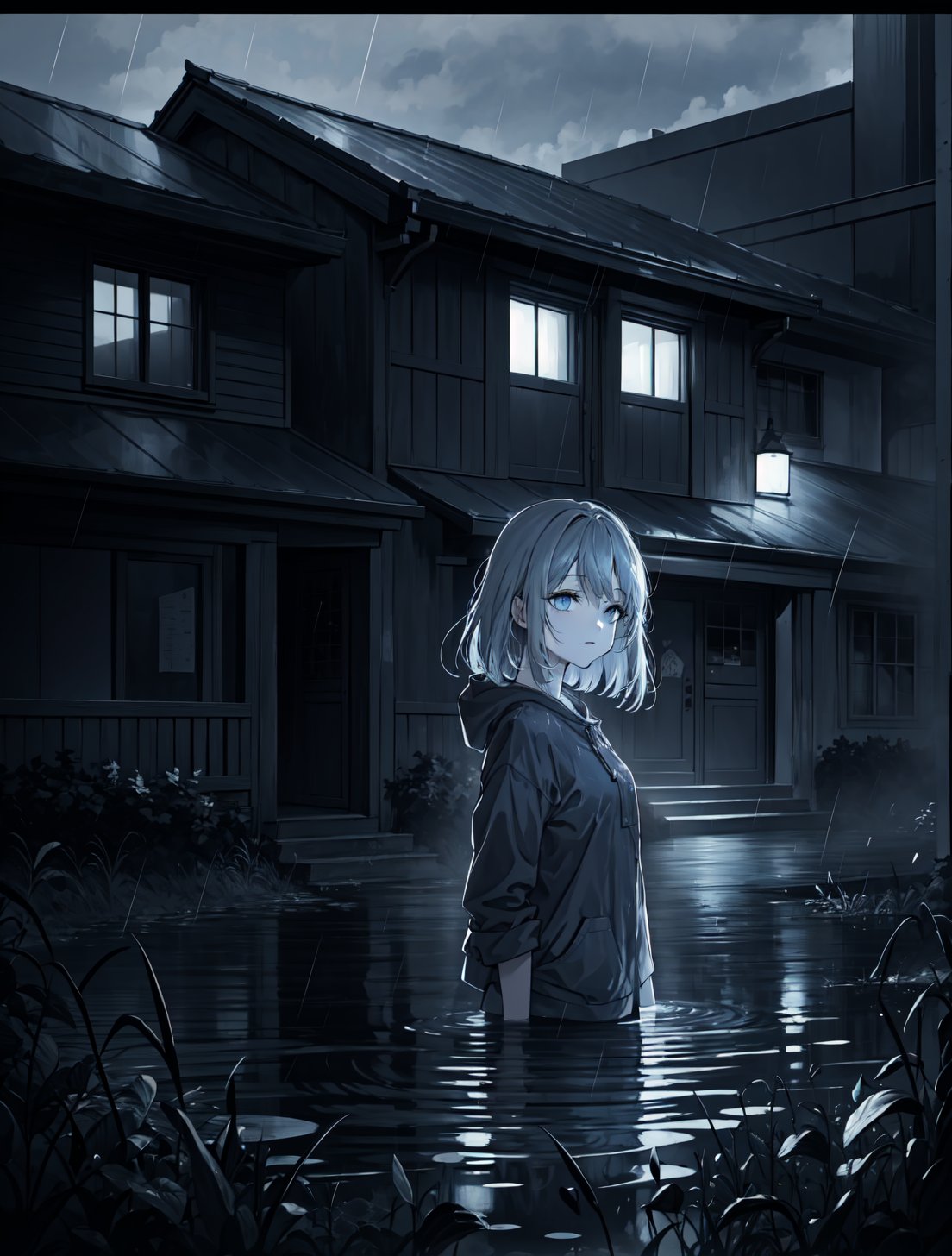 phblue, scenery, no humans, landscape,  (masterpiece,best quality:1.4), blue theme, city, dusk, 1girl, rain,cowboy shot, close up, <lora:bluestyle-000005:0.5>,