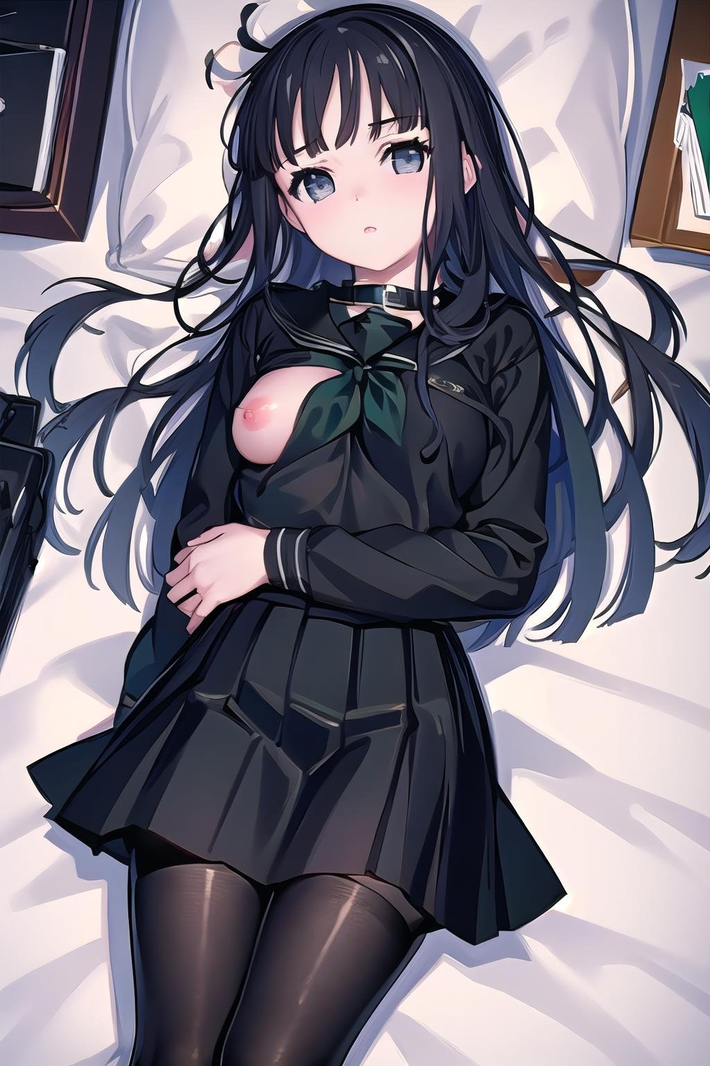 masterpiece, best quality, ultra-high-detailed, one breast out, nipples, 1girl, Rinne byuakuya, long hair, black hair, black eyes, small breasts, black serafuku, green necktie, black skirt, pantyhose