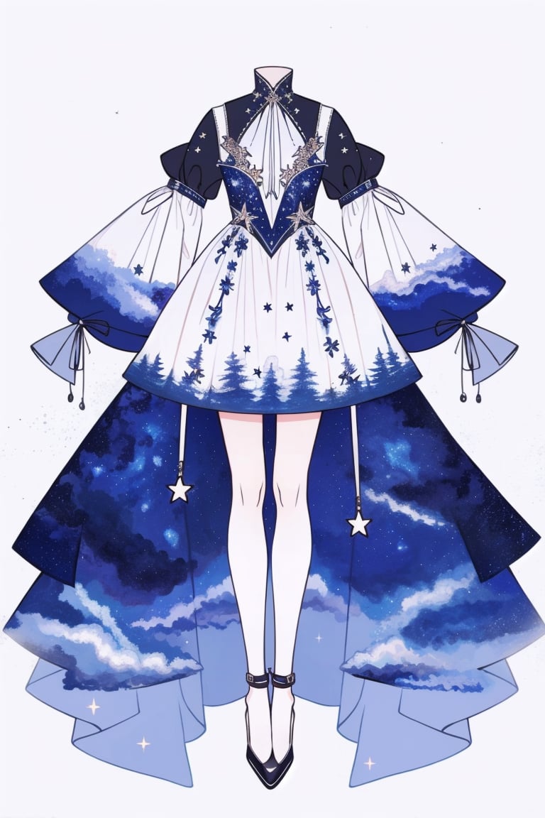 ClothingDesign, solo, simple background, dress, white dress, white background, thighhighs, full body, starry sky print, puffy sleeves, long sleeves, signature, <lora:20240601-1717209436687:0.9>