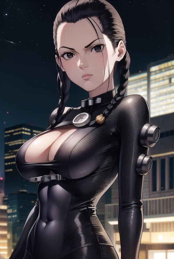 seisakuraoka, <lora:sei sakuraoka manga-lora-nochekaiser:1>,sei sakuraoka, braid, black hair, (black eyes:1.5), single braid,BREAK bodysuit, black bodysuitBREAK outdoors, city, night, sky, starry sky, moon,BREAK looking at viewer, (cowboy shot:1.5),BREAK <lyco:GoodHands-beta2:1>, (masterpiece:1.2), best quality, high resolution, unity 8k wallpaper, (illustration:0.8), (beautiful detailed eyes:1.6), extremely detailed face, perfect lighting, extremely detailed CG, (perfect hands, perfect anatomy),