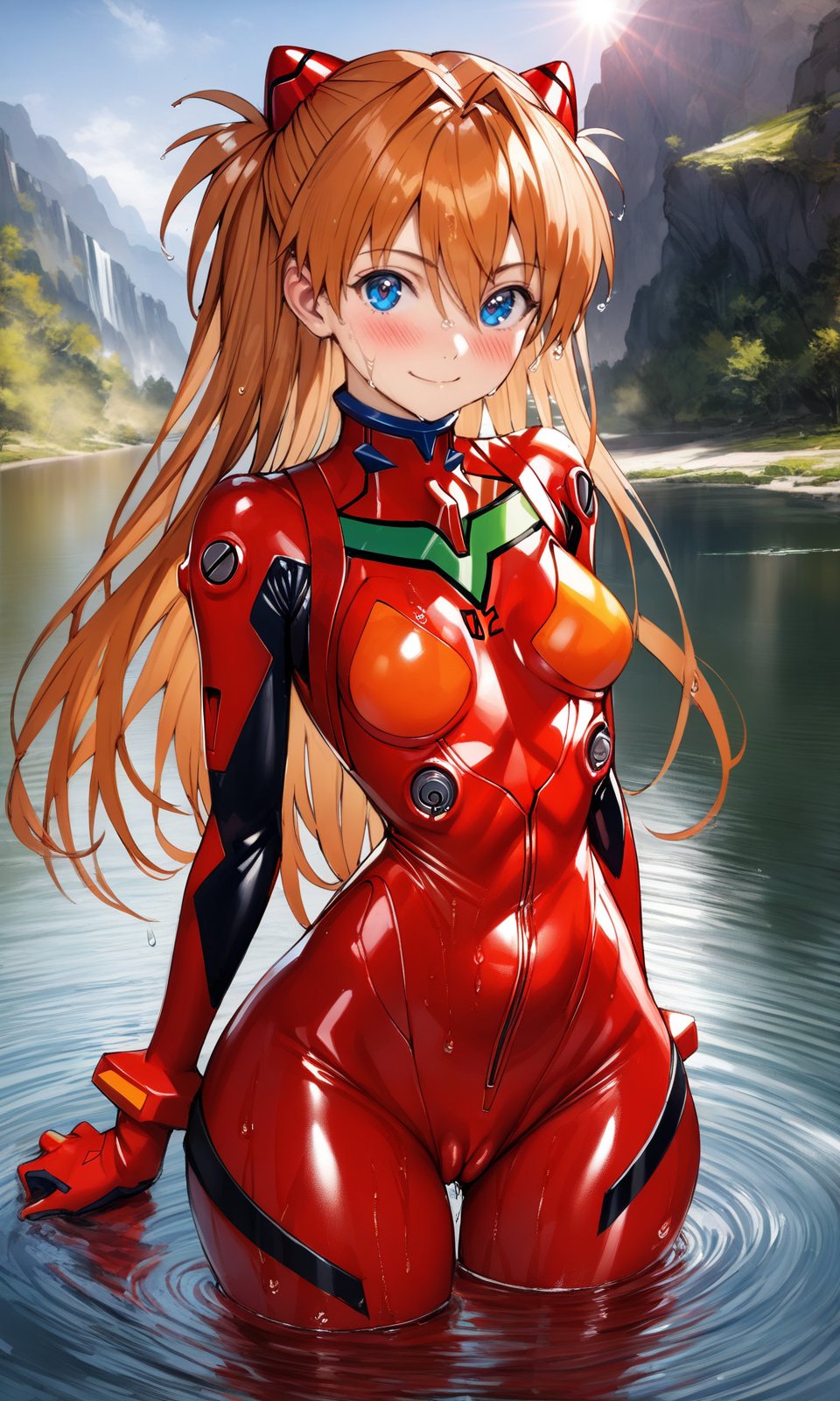 souryuu asuka langley, solo, smile, long hair, blush, blue eyes, medium breasts, (wide hips:1.2), (cameltoe:1.1), plugsuit, red bodysuit, looking at viewer, light smile, standing, happy, arms at sides, outdoors, sun, river, partially submerged, wet, masterpiece, best quality, very aesthetic, by nyatabe, <lora:Nyatabe_XL:1>