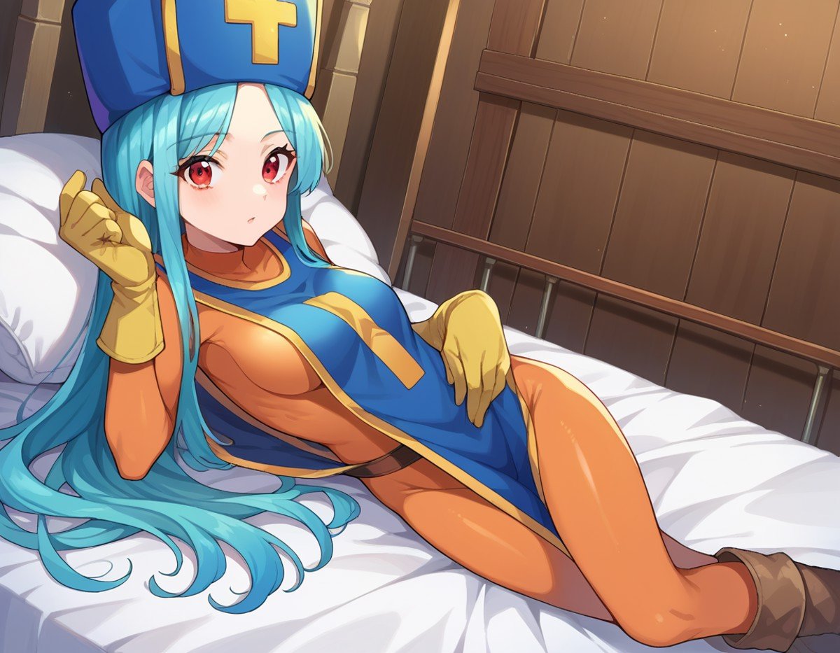 score_9, score_8_up, score_7_up, source_anime,dqpriest, <lora:dq-priest-ponyxl-lora-nochekaiser:1>,priest, aqua hair, blue hair, long hair, red eyes,bodysuit, boots, cross, gloves, hat, mitre, orange bodysuit, tabard,indoors, bed, bed room, on side,looking at viewer, dutch angle, cowboy shot,