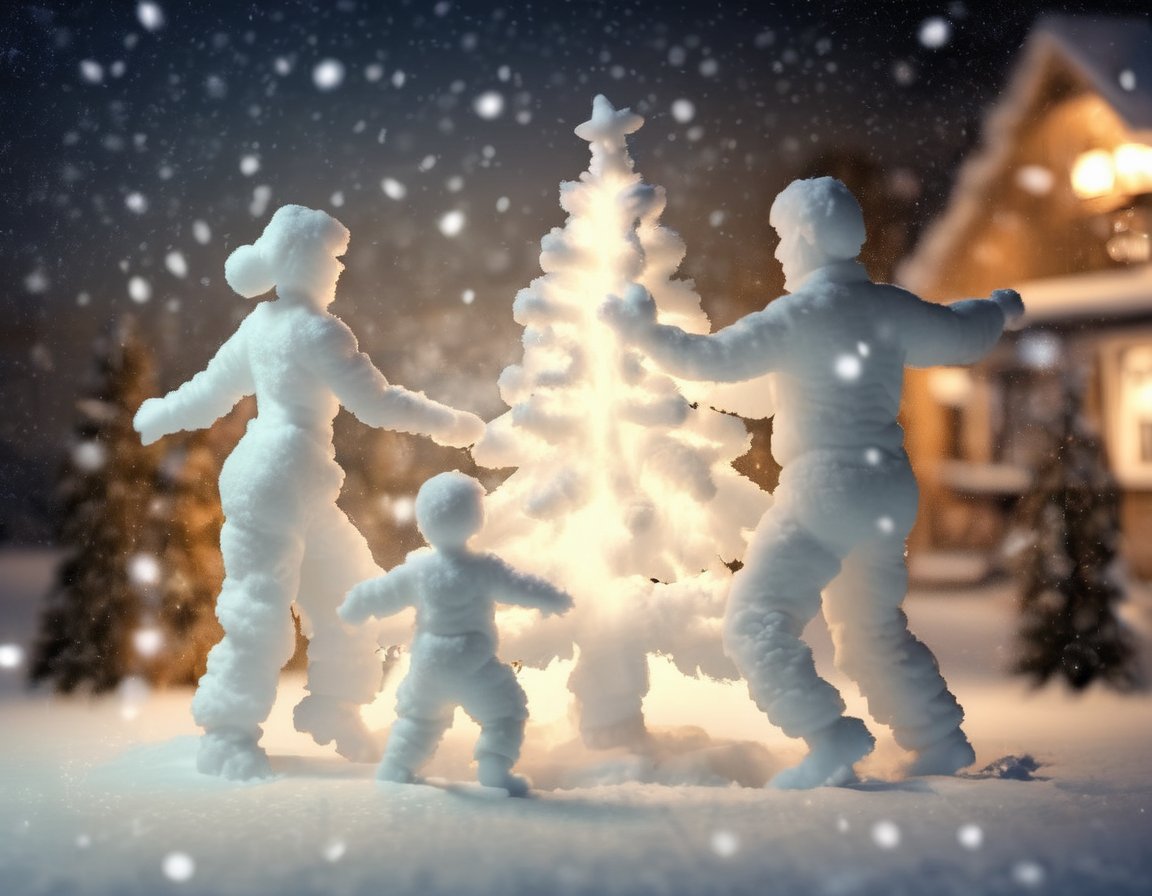 <lora:Aether_Snow_v1_SDXL_LoRA:1.0> photo of a family made of snow, dancing around the christmas tree, cinematic nightly