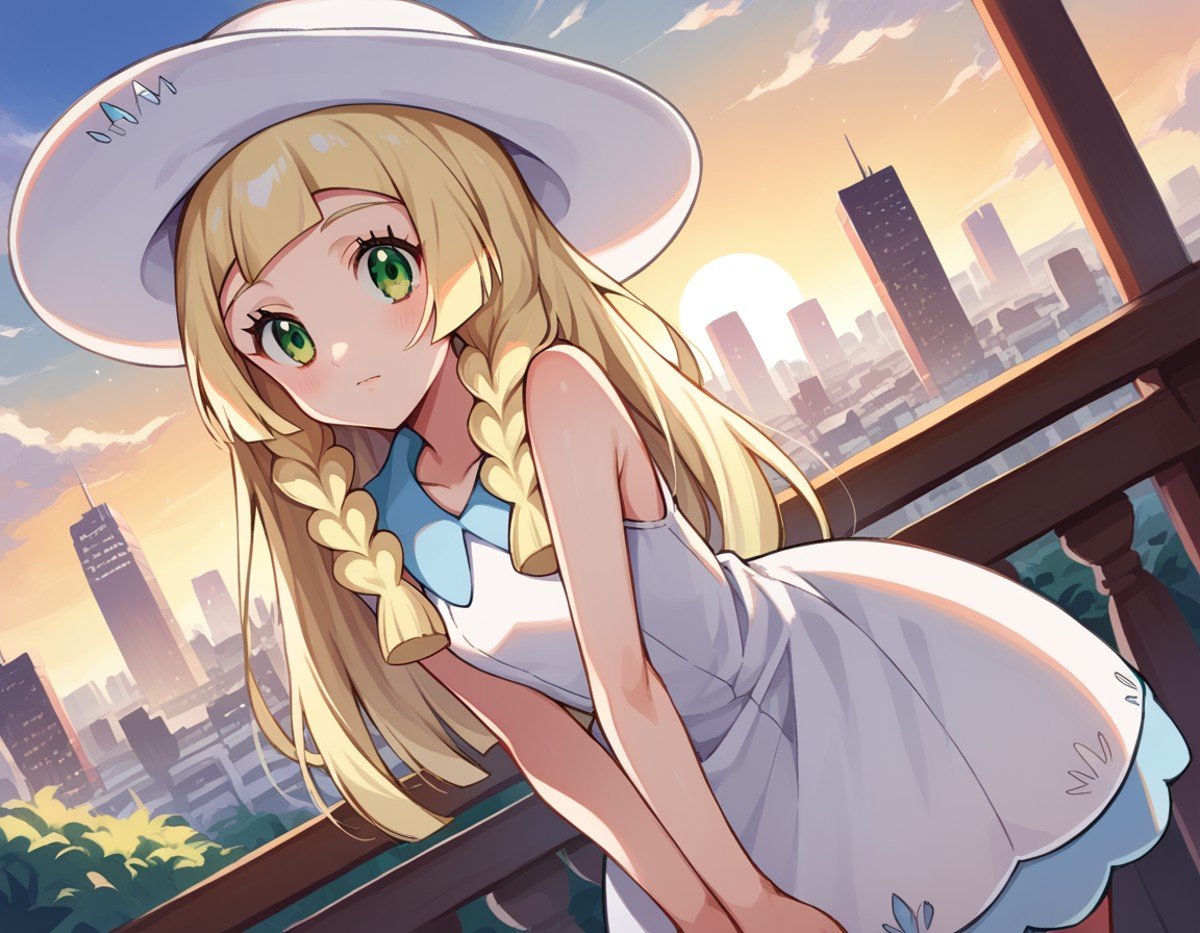 score_9, score_8_up, score_7_up, source_anime,pokemonlilie, <lora:pokemon-lilie-ponyxl-lora-nochekaiser:1>pokemonlilie, blonde hair, blunt bangs, green eyes, long hair,braid, collared dress, dress, hat, sleeveless, sleeveless dress, sun hat, sundress, twin braids, white dress, white headwear,outdoors, cityscape, bent over,looking at viewer, cowboy shot, dutch angle,