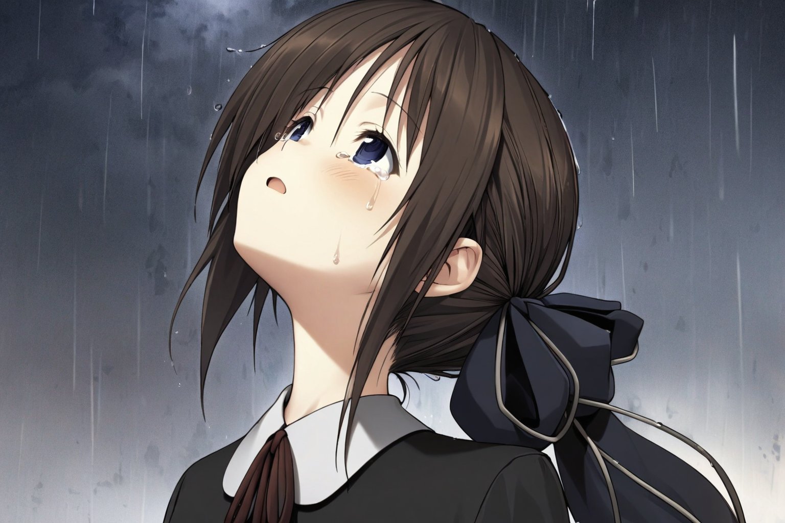 (A girl ((looking up at the sky)), closing her eyes and holding back tears), rain, dark sky, tortinita fine, 1girl, solo, ponytail, darkblue hair-ribbon, school uniform, (masterpiece, high-quality, breathtaking, highres, ultra detailed), (expressive eyes, perfect face) <lora:Tortinita Fine:1> <lora:Fixhands_anime_bdsqlsz_V1:1>