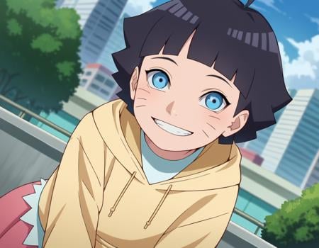 score_9, score_8_up, score_7_up, source_anime,himawariuzumaki, <lora:himawari-uzumaki-ponyxl-lora-nochekaiser:1>,himawari uzumaki, short hair, bangs, blue eyes, black hair, blunt bangs, facial mark, whisker markings, ahoge,skirt, long sleeves, hoodie, hood down, pink skirt, yellow hoodie,outdoors, cityscape, smile, bent over,looking at viewer, dutch angle,