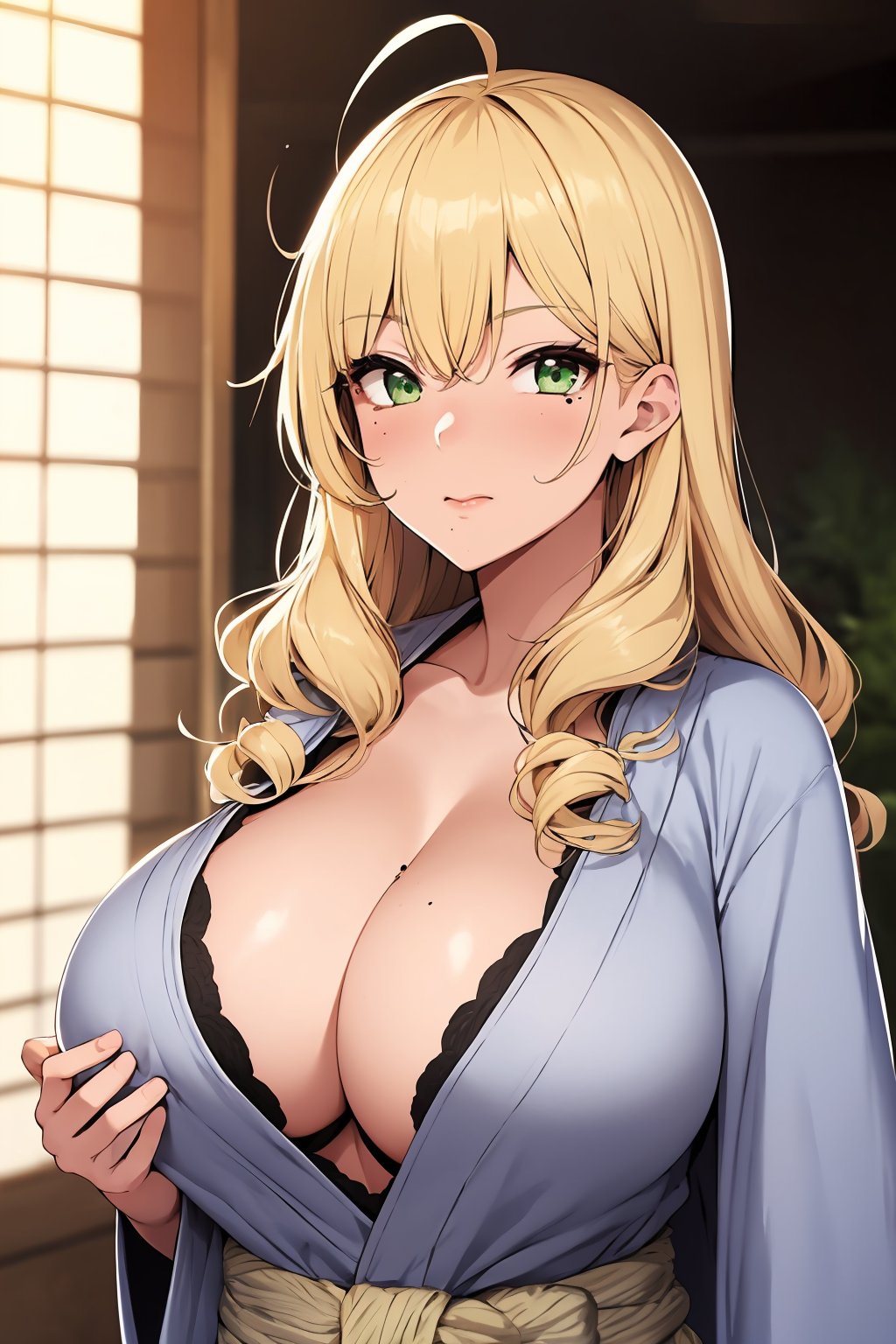 1girl, standing, upper body, gyaru, long hair, bangs, blonde hair, green eyes, huge breasts, ahoge, mole under eye, visible through clothing, woolen robe, curly hair