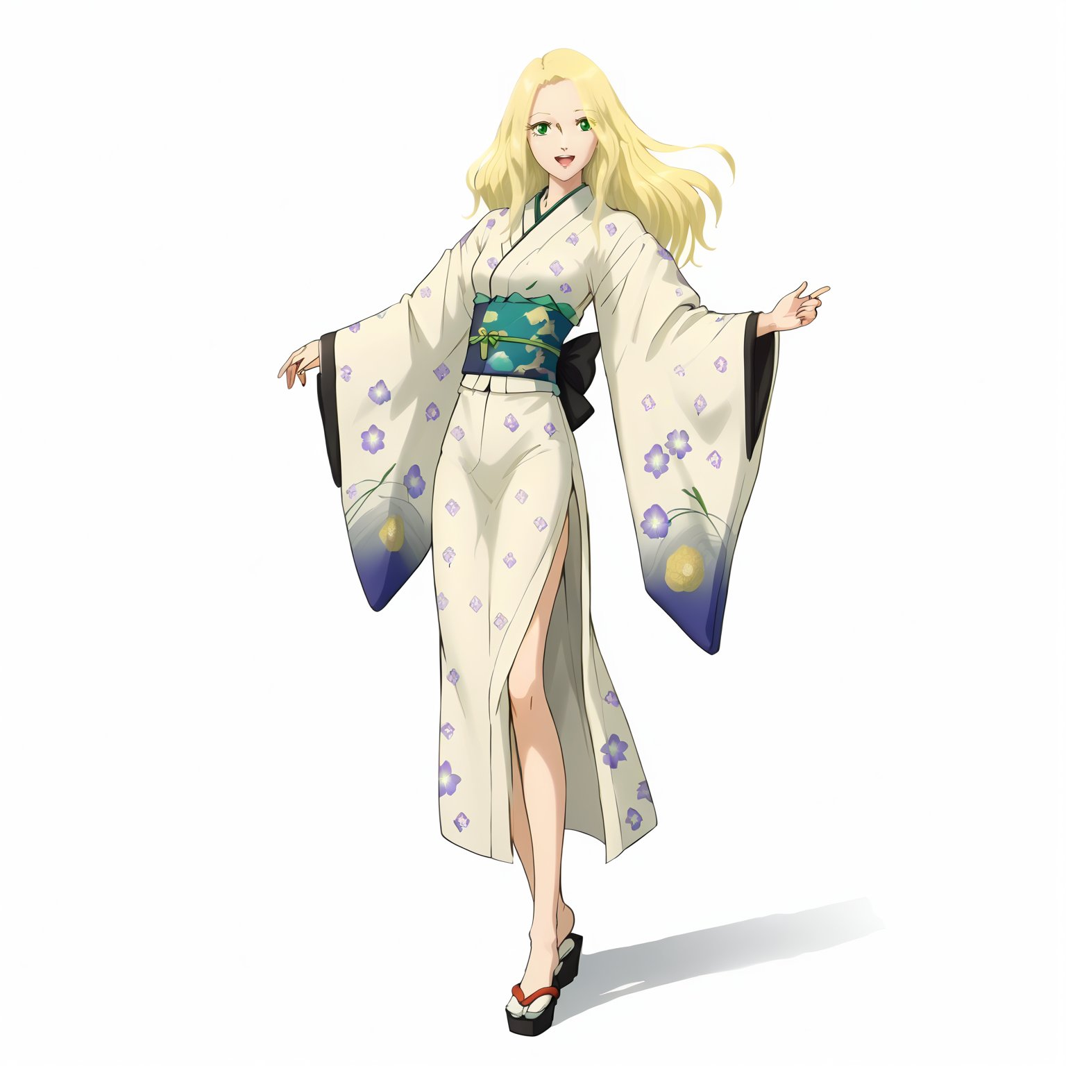 <lora:FatimaPasitheaXLpony002>,smile,open mouth,solo,FatimaPasithea,1girl,blonde hair,long hair,green eyes,full body,standing,print_kimono,