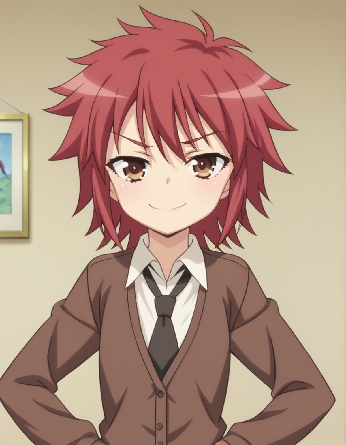 score_9, score_8_up, score_7_up, source_anime, <lora:aoi-yusa-s2-ponyxl-lora-nochekaiser:1>, aoi yusa, short hair, brown eyes, red hair,, school uniform, necktie, shirt, white shirt, collared shirt, cardigan, brown cardigan,, indoors, smug, smile, looking at viewer, solo, hands on hips,, cowboy shot, dutch angle