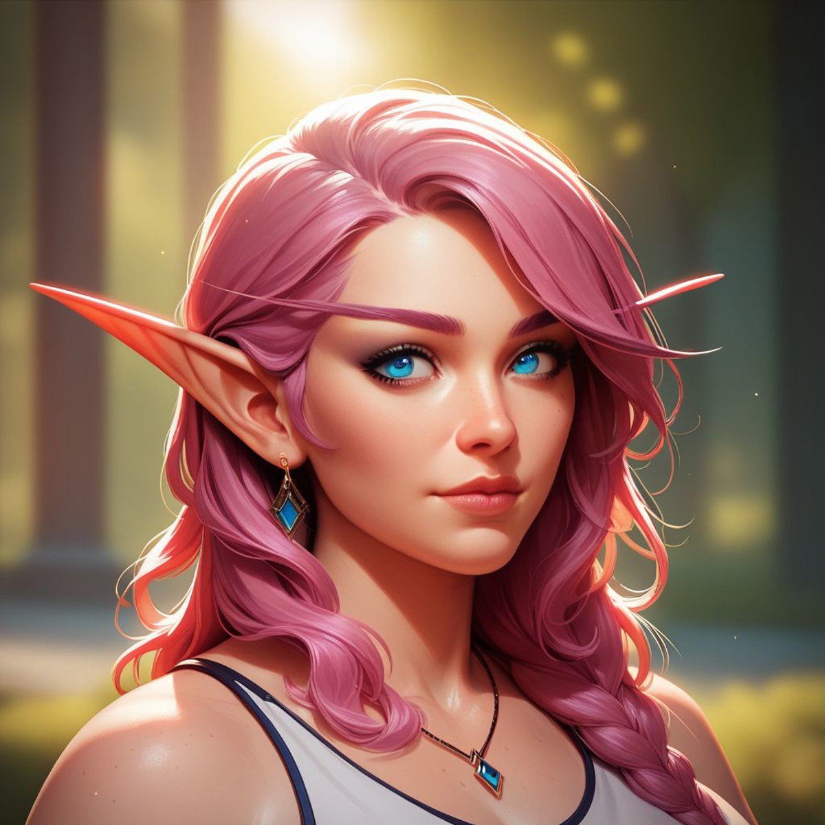 score_9, score_8_up, 8, score_7_up, score_6_up, (dynamic lighting:1.1), ((masterpiece)), solo, portrait, (((beautiful, hyper realistic, high quality))), portrait, score_9, score_8_up, score_7_up, Elf, Pointed ears, Long eyebrows, 1girl, pink hair, blue eyes, cute clothes,fantasy background, blurred background