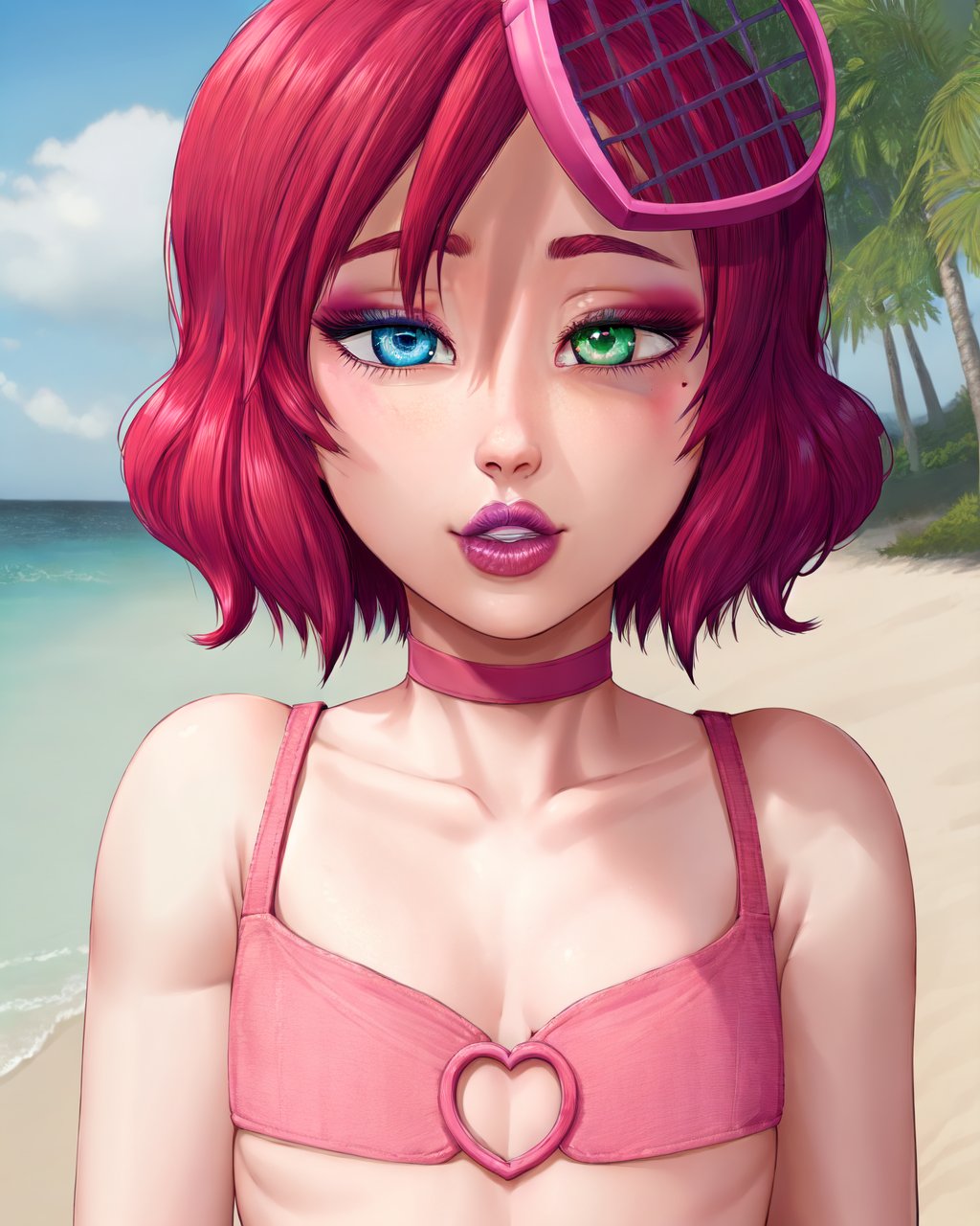 (majalis:1.1), (trudy:1.1), 1boy, closeup, pink tube top, (flat chest, male chest:1.1), eyelashes, femboy, black choker, blue and green eyes, heterochromia, (heart net hair ornament:1.1), lips, lipstick, looking at viewer, makeup, mole under eye, parted lips, red hair, short hair, solo, beach <lora:majalis_style_v2.1:0.8>