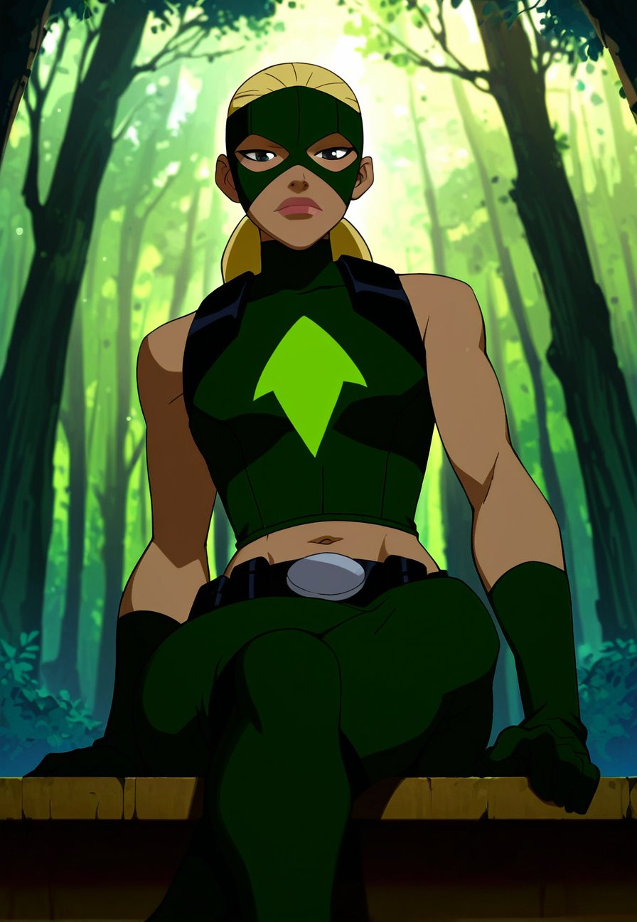 score_9_up, score_8_up, score_7_up, <lora:Young_justice_girls_PDXL_by_paprikalem:0.8>, dc comics, young justice style, flat colors, 1girl, artemis, brown eyes, blonde hair, ponytail, long hair, dark skin, artemis classic costume, green mask, green crop top with arrow logo, gloves, midriff, navel, belt, green pants, sitting, sitting, crossed legs, looking at viewer, bored, from below, outdoors, forest, best quality, high quality