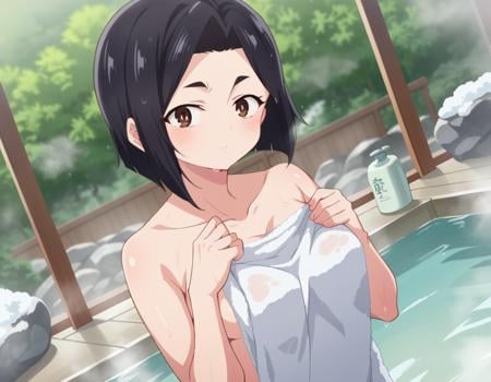 score_9, score_8_up, score_7_up, source_anime,sanaeyamada, <lora:sanae-yamada-s2-ponyxl-lora-nochekaiser:1>,sanae yamada, short hair, black hair, brown eyes,nude, naked, outdoors, onsen, towel, naked towel, steam, bathing, nude cover, partially submerged, water, bath, steam censor, wet towel,looking at viewer, cowboy shot, dutch angle, solo,