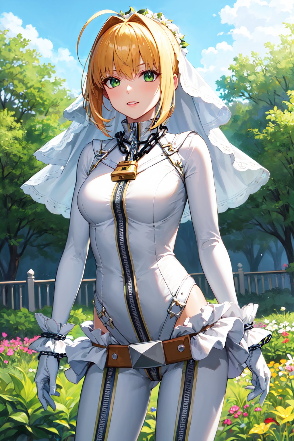 masterpiece, best quality, highres, aanero, ahoge, veil, green eyes, chain, padlock, (white bodysuit:1.2), zipper, white gloves, belt, frills, white dress, <lora:nero_claudius_(fate)_v1:0.7>, standing, cowboy shot, garden