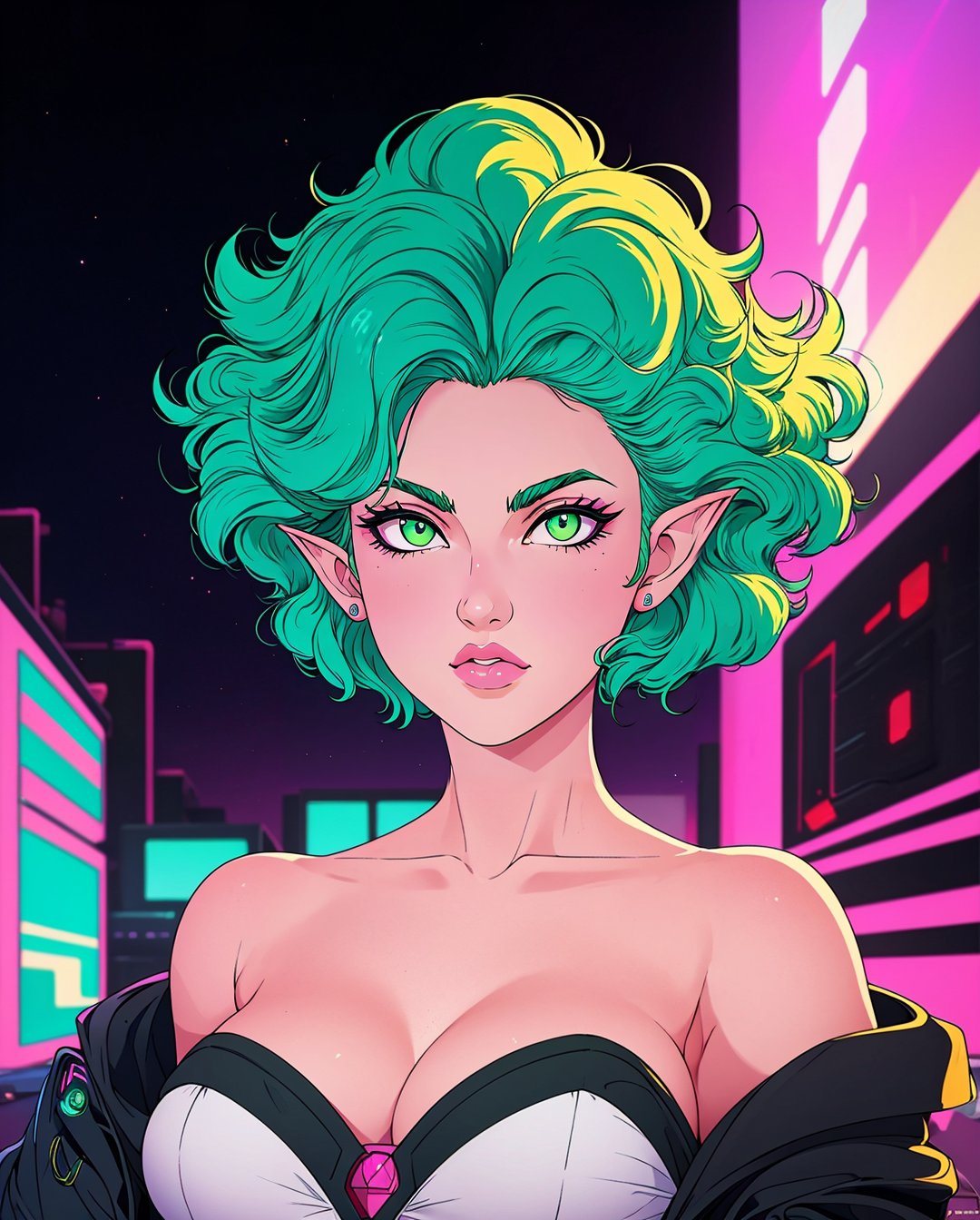 1 girl, adult (elven:0.7) woman,  ruby eyes, green afro,, quiff hair, 1980s synthwave